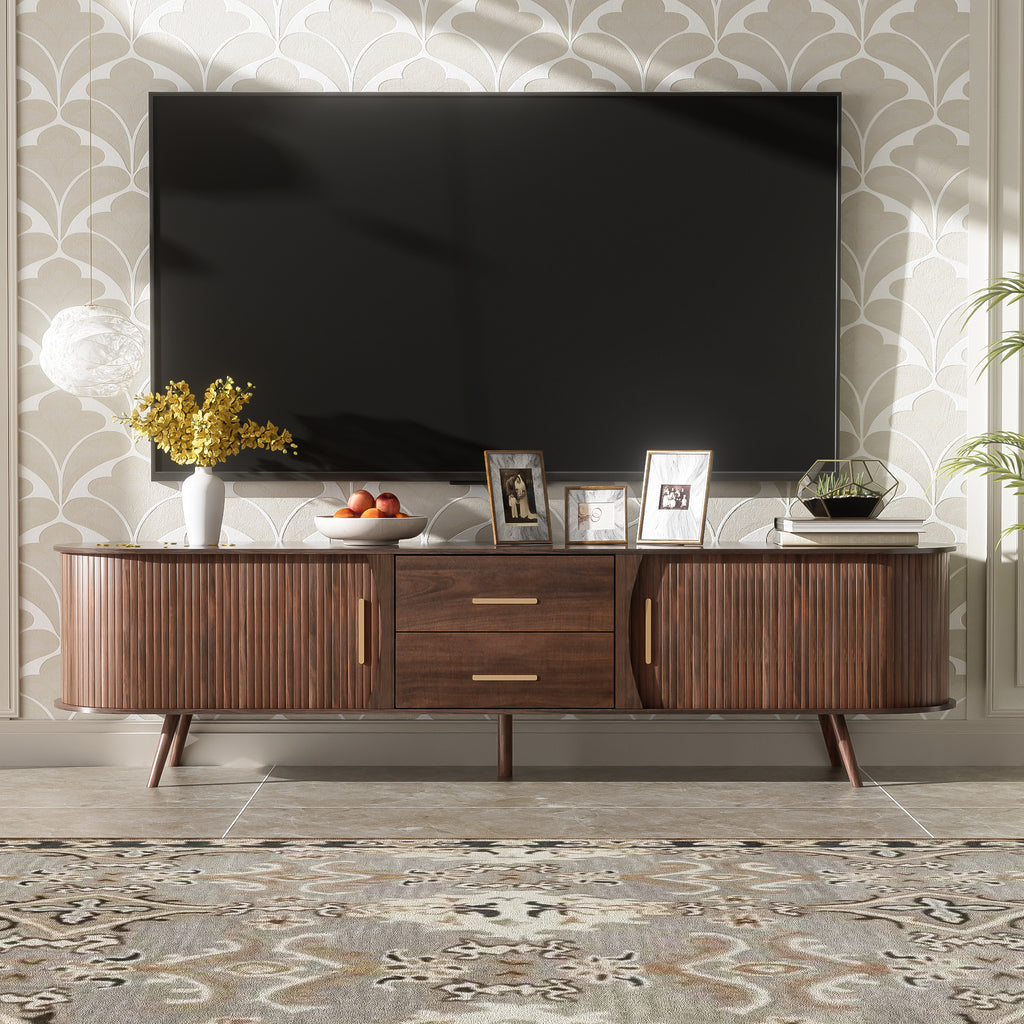 Mid-Century Modern TV Stand for 80' TV, Entertainment Center with Storage in Dark Brown, Solid Wood and MDF Construction, 70.8' L x 15.5' W x 18.1' H - Grand Goldman Shop