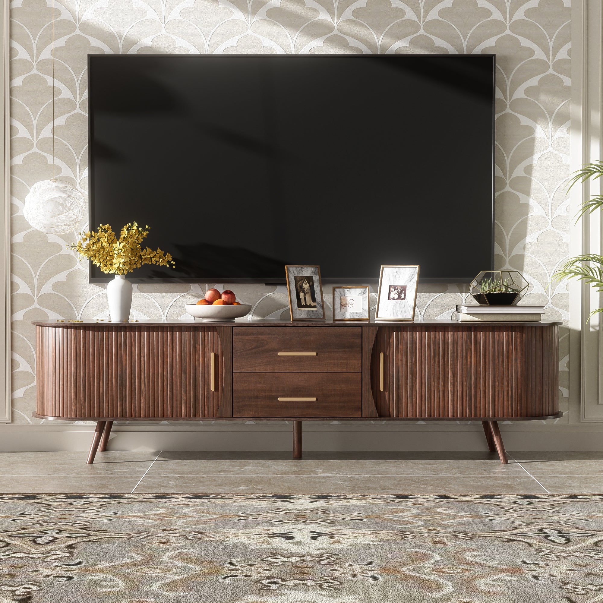 Mid-Century Modern TV Stand for 80' TV, Entertainment Center with Storage in Dark Brown, Solid Wood and MDF Construction, 70.8' L x 15.5' W x 18.1' H - Grand Goldman Shop