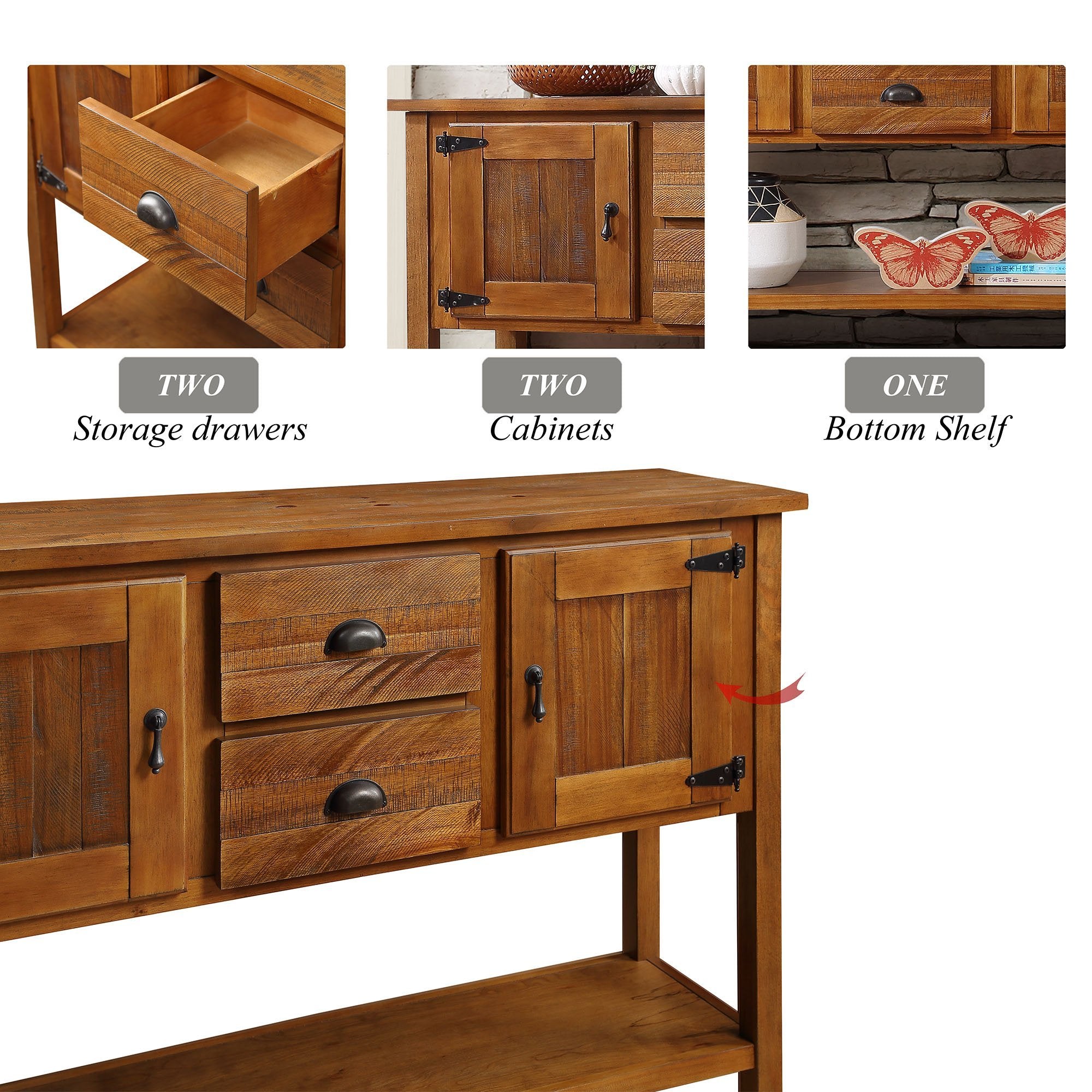 46'' Solid Wood Sideboard Console Table with 2 Drawers and Cabinets and Bottom Shelf, Retro Style Storage Dining Buffet Server Cabinet for Living Room Kitchen Dining Room(Brown) - Grand Goldman Shop
