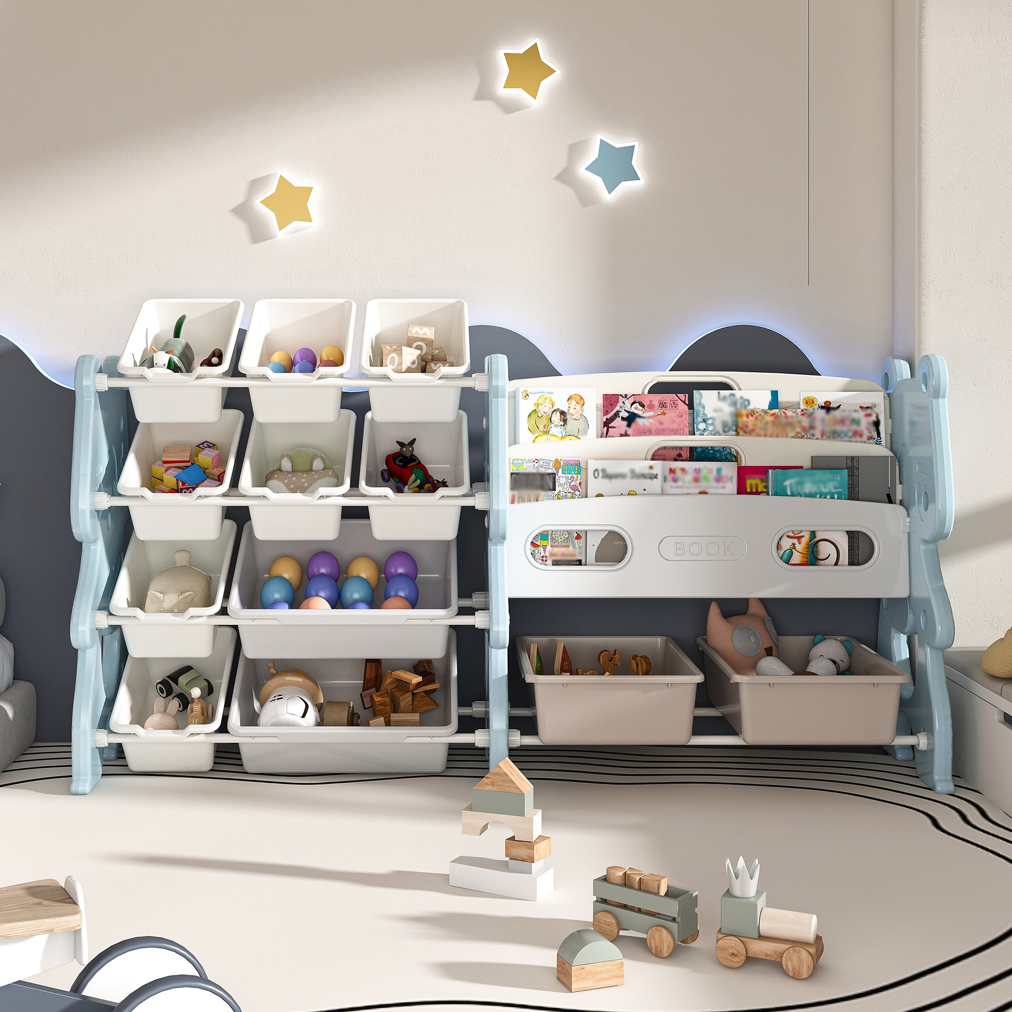 Kids Toy Storage Organizer with 2 Tier Bookshelf, Toy Storage with 12 Bins, Blue Polyethylene, 56.10 x 14.17 x 33.86 inches - Grand Goldman Shop