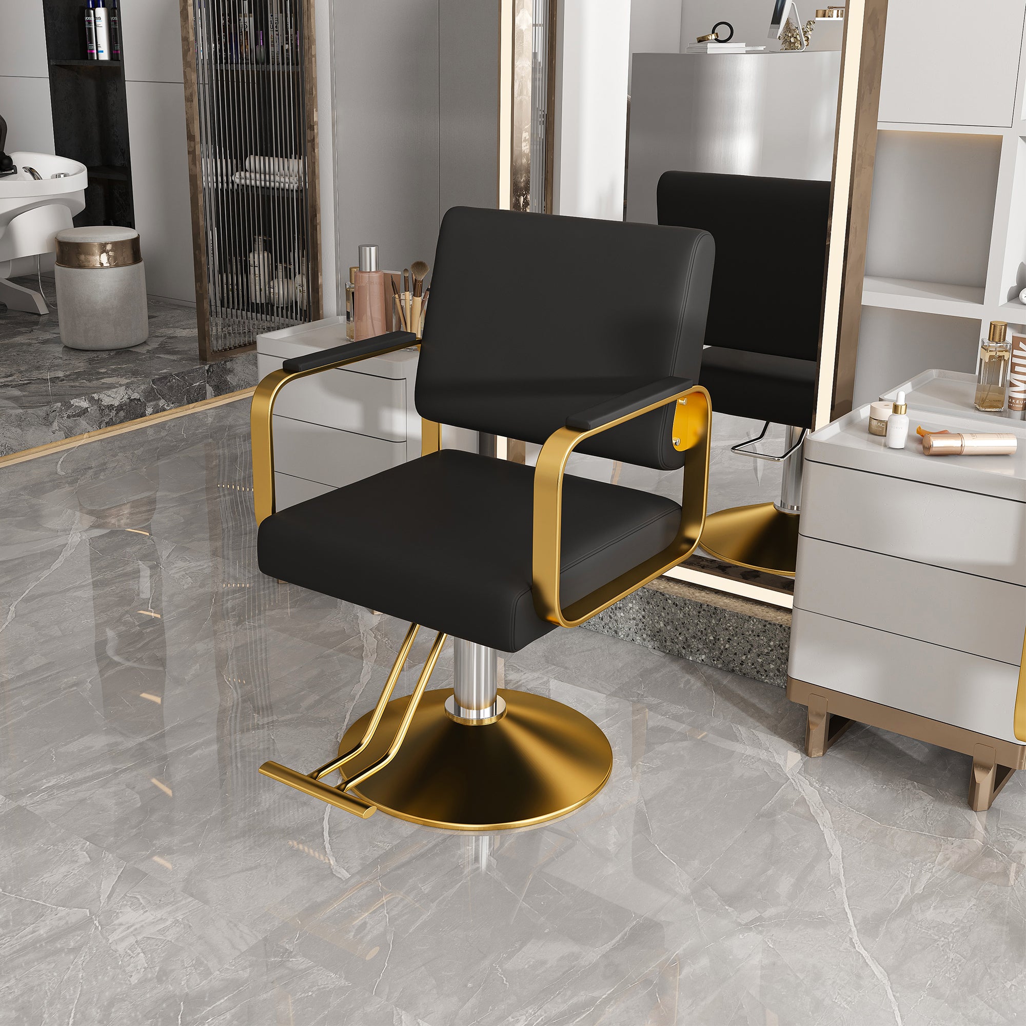 Hydraulic Salon Chair - 360° Swivel Barber Stylist Chair with Pump, Non-Tilting Design in Black and Gold PU Leather - Grand Goldman Shop