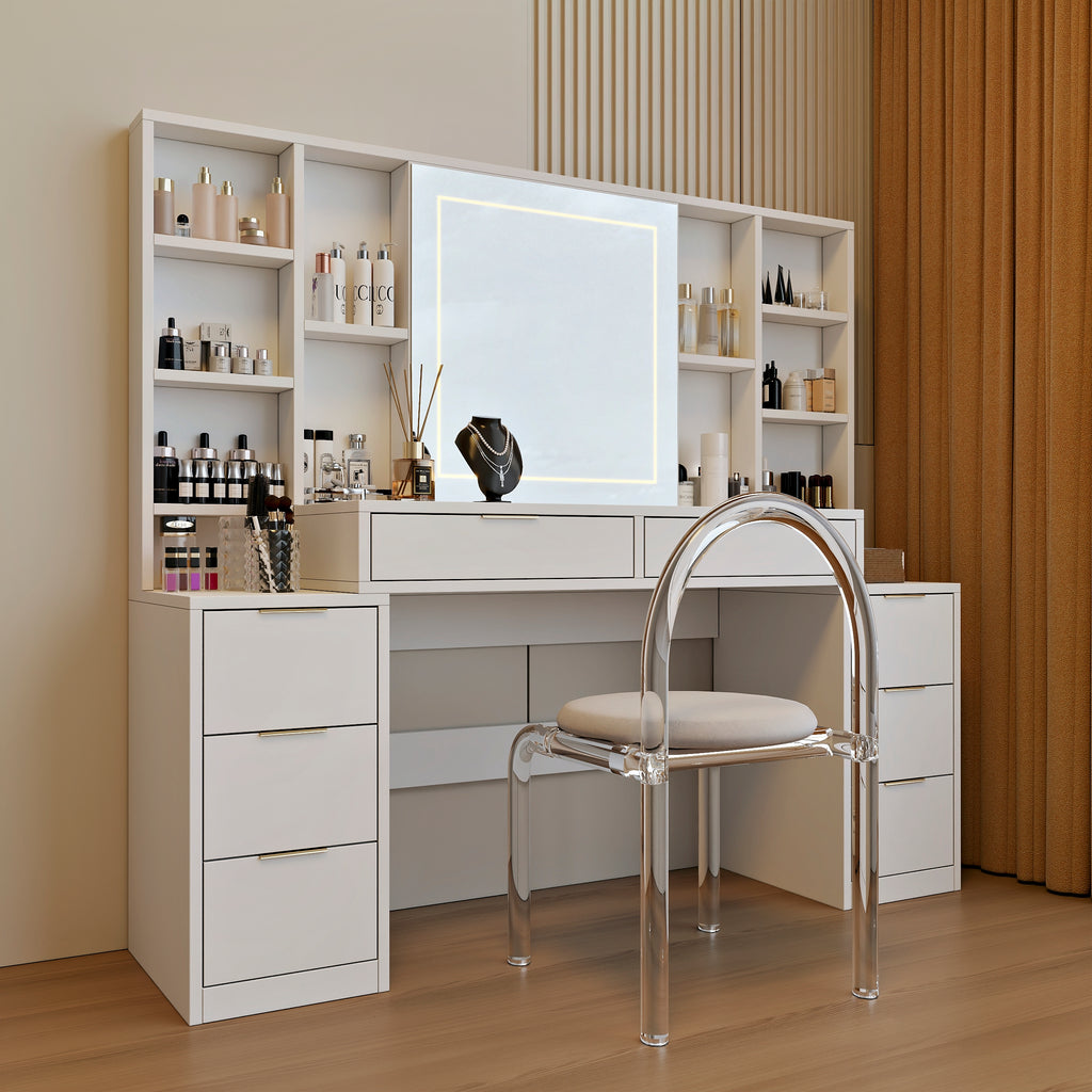 Makeup Vanity Desk with Mirror and Lights, 59' Large Vanity Table with 8Drawers & Open Storage Shelves, Brightness Adjustable, Dressing Table for Bedroom, Women and Girl - Grand Goldman Shop