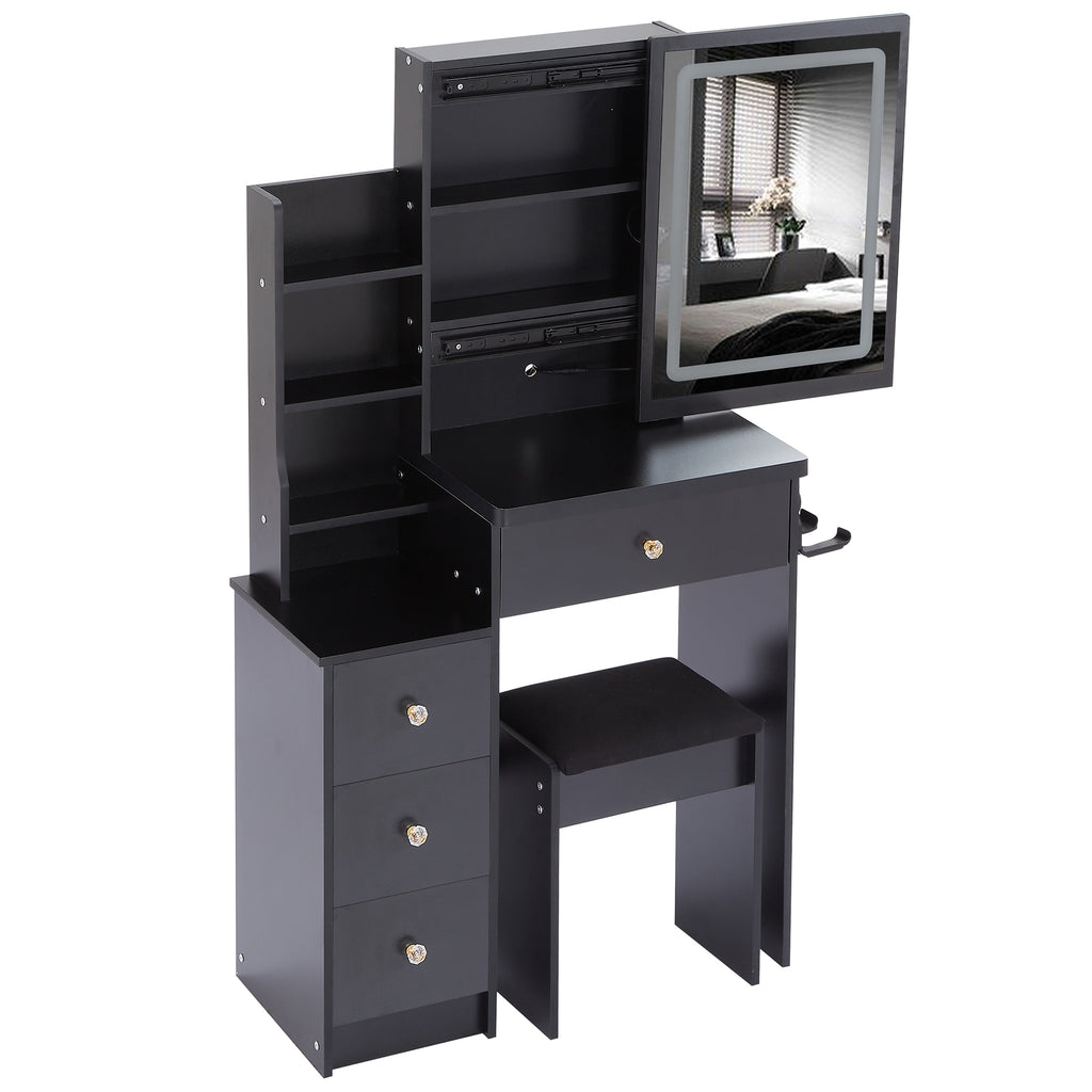 29.2' Small Size Left Bedside Cabinet Vanity Table + Cushioned Stool, 2 AC+2 USB Power Station, Hair dryer bracket, Extra Large Touch Control Sliding LED Mirror, Tri-color Switching, Brightness Adjust - Grand Goldman Shop