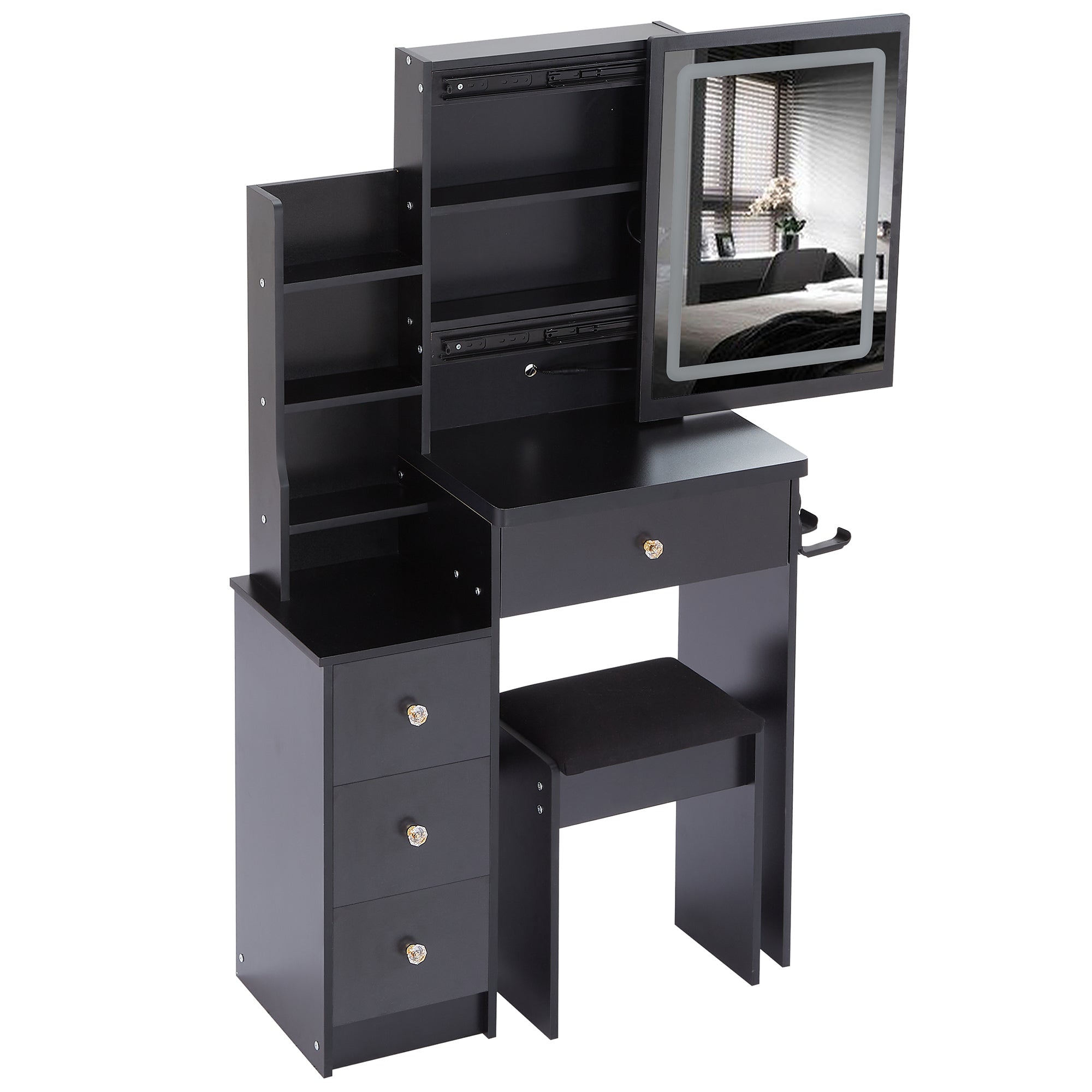 29.2' Small Size Bedside Cabinet Vanity Table + Cushioned Stool, 2 AC+2 USB Power Station, Hair dryer bracket, Extra Large Touch Control Sliding LED Mirror, 3-color Switching, EPA, GCC, UL Certificate - Grand Goldman Shop