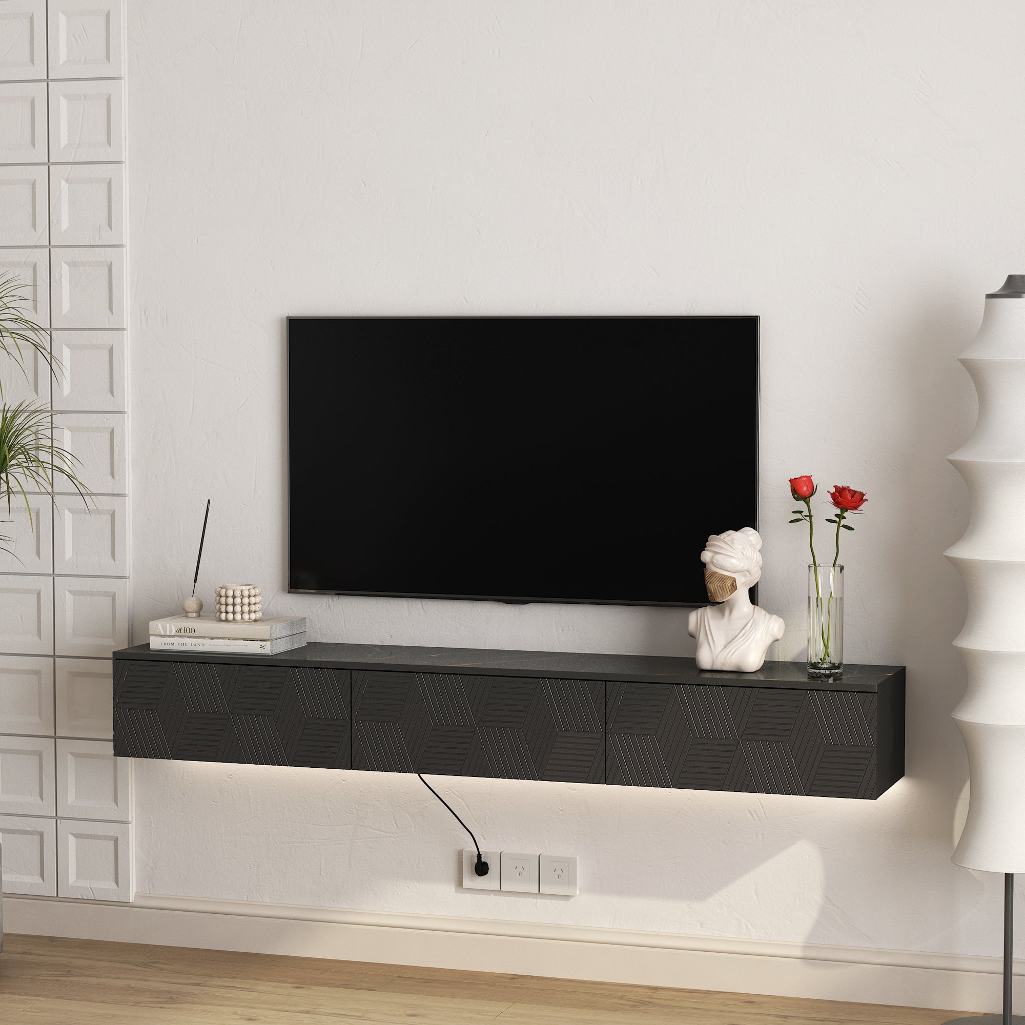 Floating TV Stand Wall Mounted with 16 Color LEDs,67' Modern TV Stand, Floating TV Cabinet Entertainment Center for 55 60 65 Inch TV,Black - Grand Goldman Shop