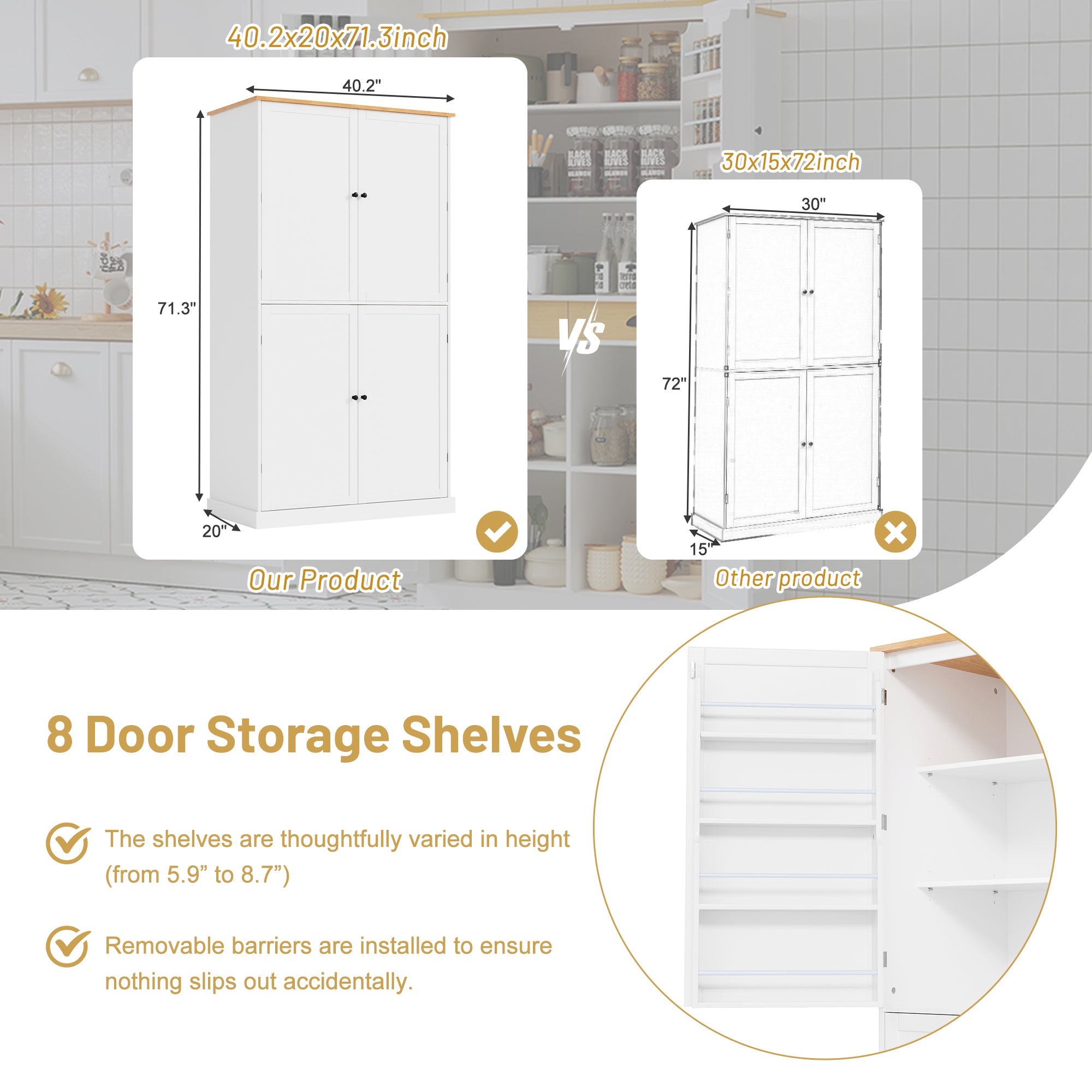 [Assembly Video Provided]TOPMAX 40.2x20x71.3inch High Freestanding Kitchen Pantry Large Cupboard Storage Cabinet with 2 Drawers, 2 Adjustable Shelves, 8 Door Shelves for Kitchen, Dining Room,White - Grand Goldman Shop