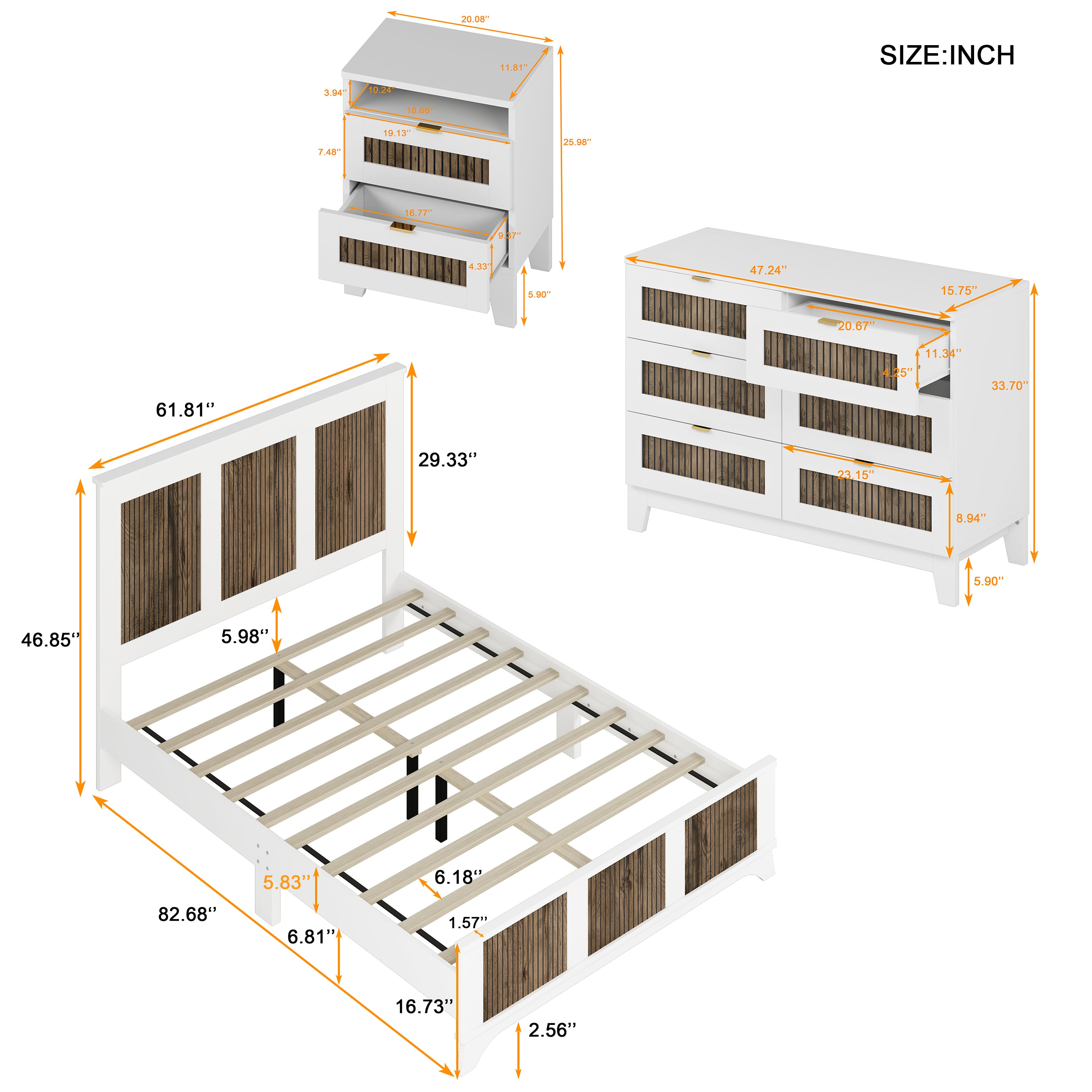 4-Pieces Bedroom Sets, Queen Size Farmhouse Platform Bed with Wooden Strip Stickers Decoration, Storage Nightstand and Dresser with Metal Handle, White(Old SKU: HL000191AAK) - Grand Goldman Shop
