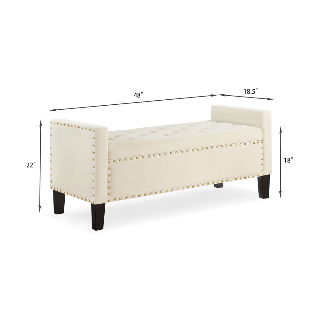 Upholstered Tufted Button Storage Bench with nails trim,Entryway Living Room Soft Padded Seat with Armrest,Bed Bench - Cream - Grand Goldman Shop