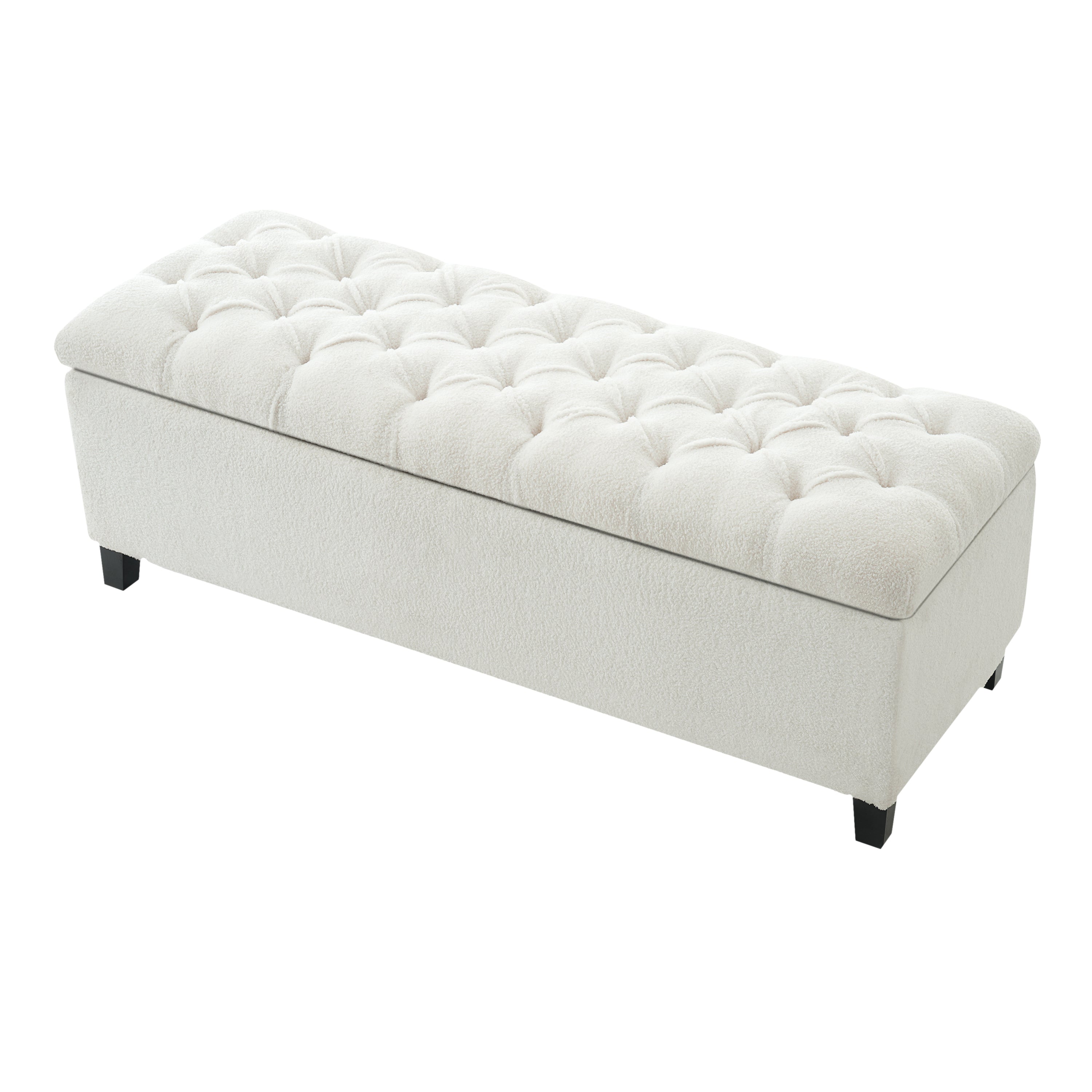 Ottoman Bench with Storage, White Boucle Surface, Rubber Wood Legs, 300 lbs Capacity - Grand Goldman Shop
