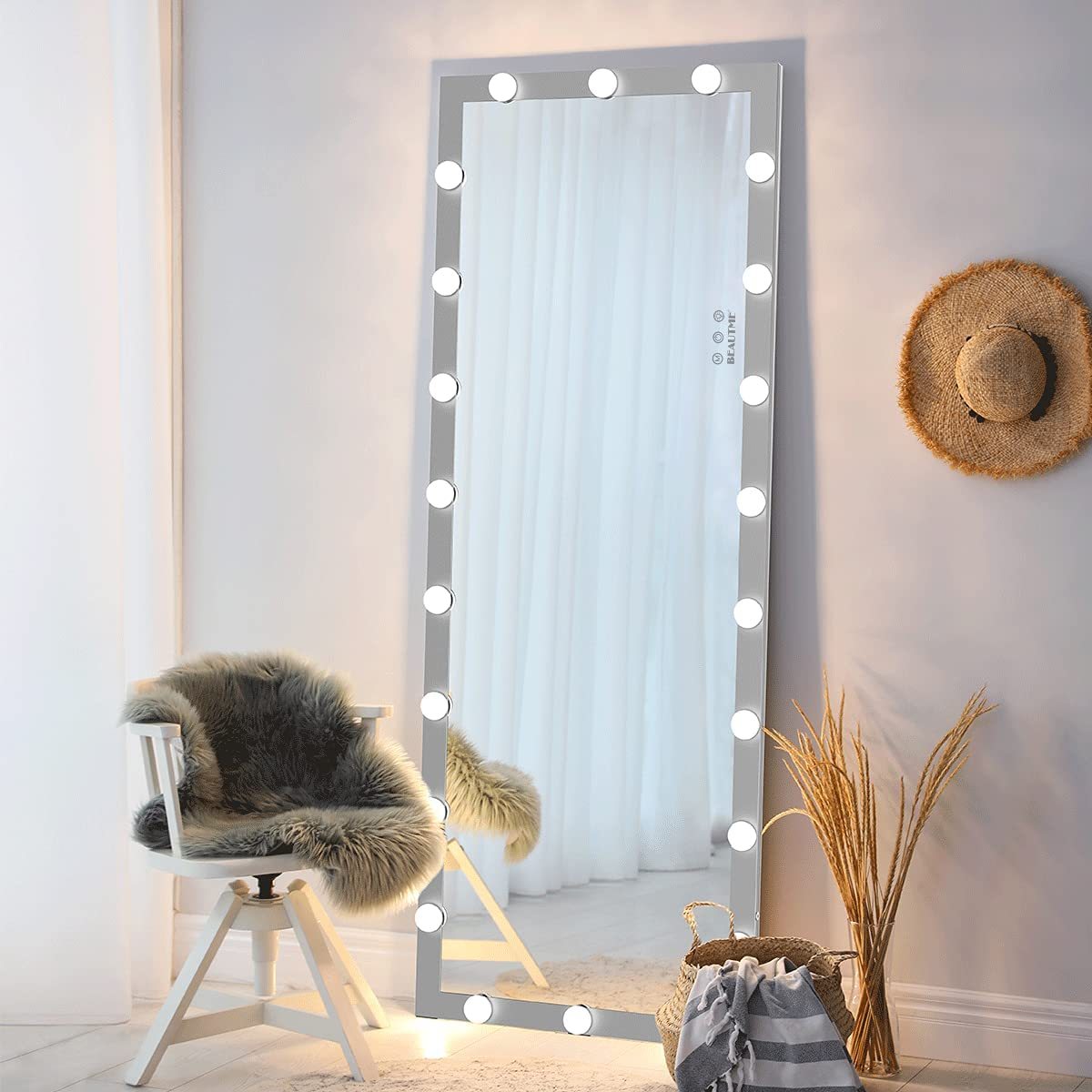 Hollywood Full Length Mirror with Lights Full Body Vanity Mirror with 3 Color Modes Lighted Standing Floor Mirror for Dressing Room Bedroom Wall Mounted Touch Control Silver 63'x24' - Grand Goldman Shop