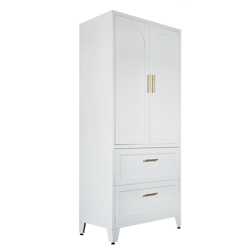 71' Tall Metal Wardrobe Cabinet with 2 Drawers and Hanging Rod, 2 Doors Wardrobe Closet with Shelf for Bedroom, Office, Laundry Room,Entryway ,Foyer,Guesthouse (White) - Grand Goldman Shop