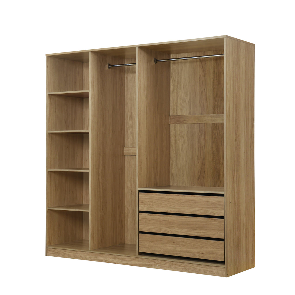 Doorless Wooden Storage Wardrobe for Dedroom with Shelves and 3 Drawers,Nature - Grand Goldman Shop