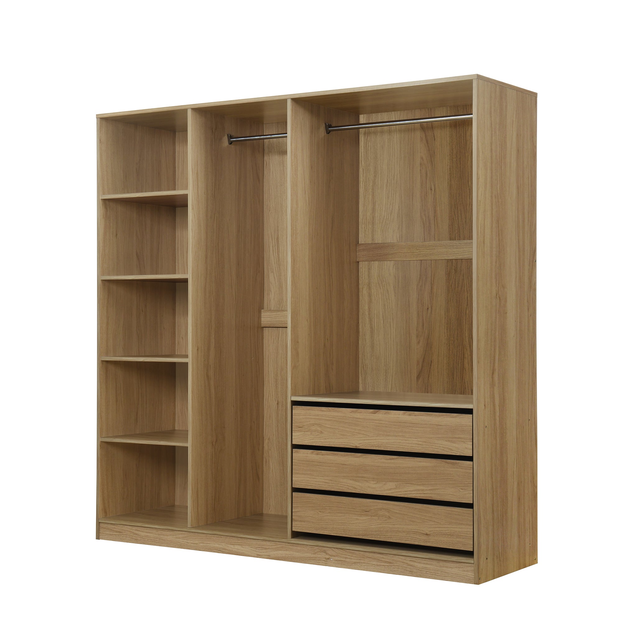 Doorless Wooden Storage Wardrobe for Dedroom with Shelves and 3 Drawers,Nature - Grand Goldman Shop