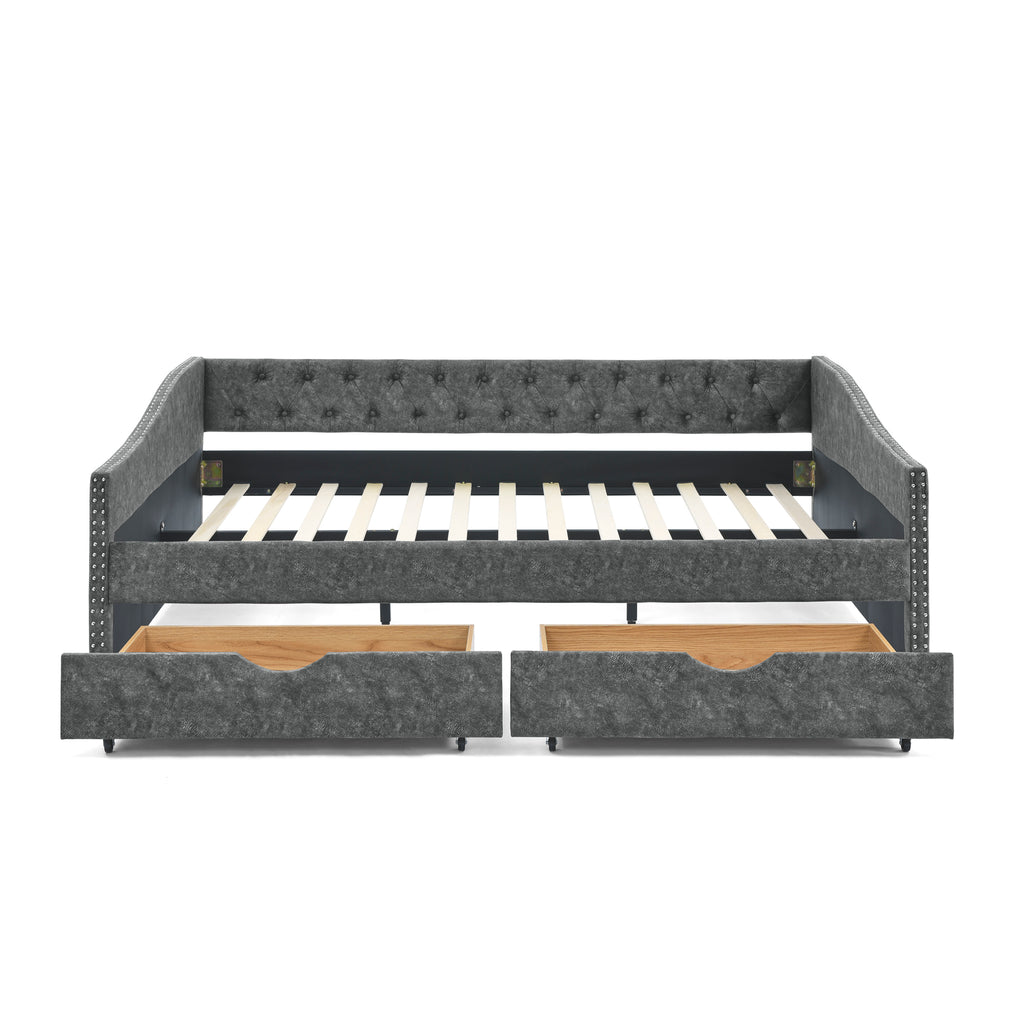 Mid-Century Grey Upholstered Tufted Daybed with Drawers and Copper Nail Trim, Queen Size (84.5'x63.5'x26.5') - Grand Goldman Shop