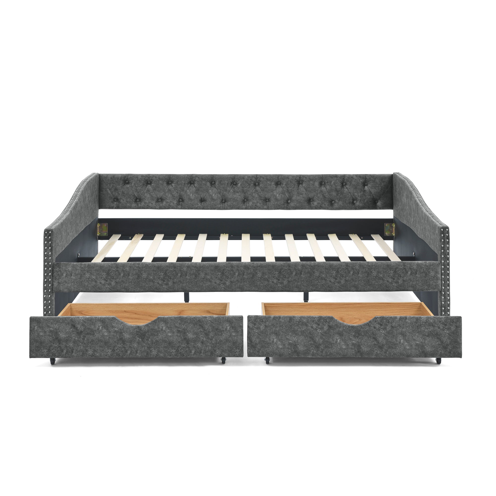 Mid-Century Grey Upholstered Tufted Daybed with Drawers and Copper Nail Trim, Queen Size (84.5'x63.5'x26.5') - Grand Goldman Shop