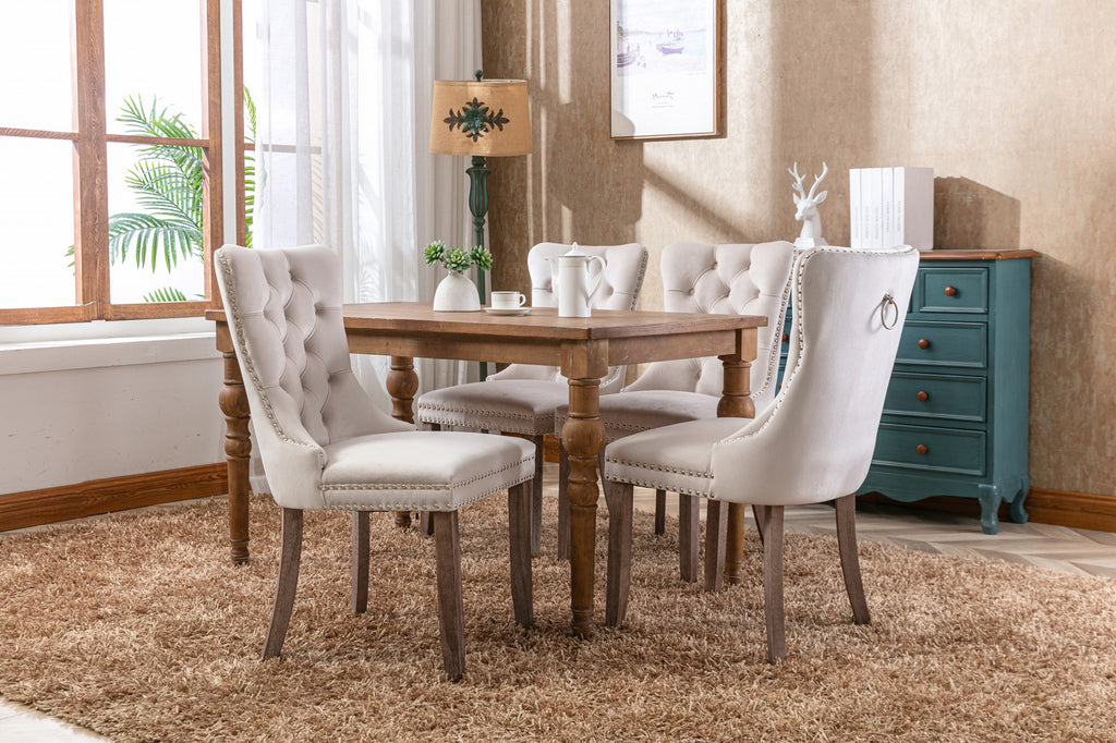 Nikki Collection Modern, High-end Tufted Solid Wood Contemporary Velvet Upholstered Dining Chair with Wood Legs Nailhead Trim 2-Pcs Set,Beige, SW2001BG - Grand Goldman Shop