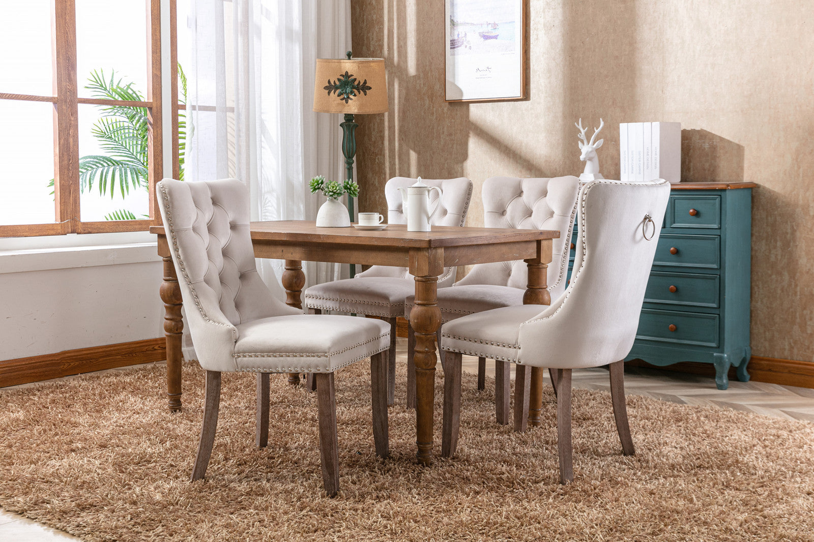 Nikki Collection Modern, High-end Tufted Solid Wood Contemporary Velvet Upholstered Dining Chair with Wood Legs Nailhead Trim 2-Pcs Set,Beige, SW2001BG - Grand Goldman Shop