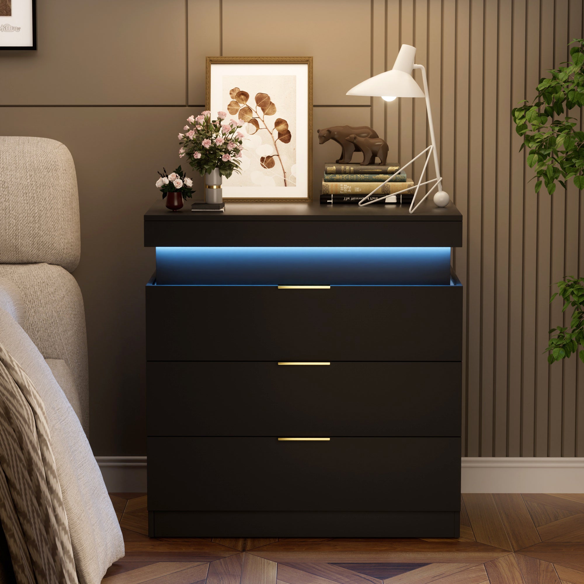 Nightstand with Charging Station and LED Lights,Night Stand with Sliding Top for Bedroom,Bedside Table with Drawers,Modern End Side Table,Black.28.8''W x 17''D x 30.5''H. - Grand Goldman Shop