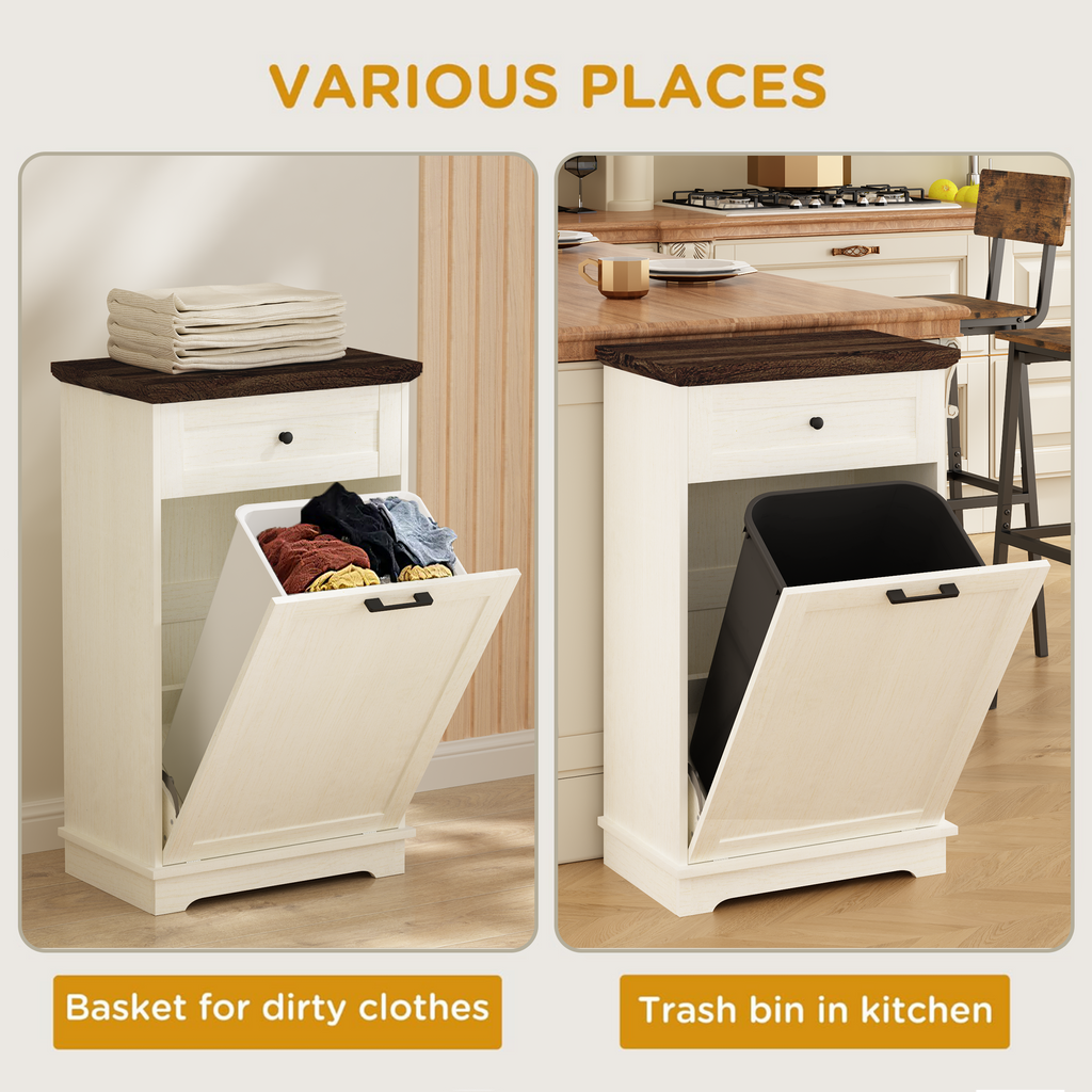 10 Gallon Tilt Out Trash Cabinet Freestanding Trash Bin Cabinet Wood Garbage Recycling Cabinet with Drawer Pet Proof Trash Can Holder for Kitchen Living Room, Antique White (Not include trash can) - Grand Goldman Shop