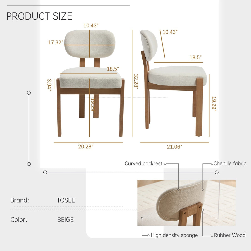 Modern Farmhouse Dining Chairs Set of 2 in Beige, Fabric Upholstered Wooden Kitchen Chairs with Ergonomic Backrest and Adjustable Feet, Rubber Wood Frame - Grand Goldman Shop