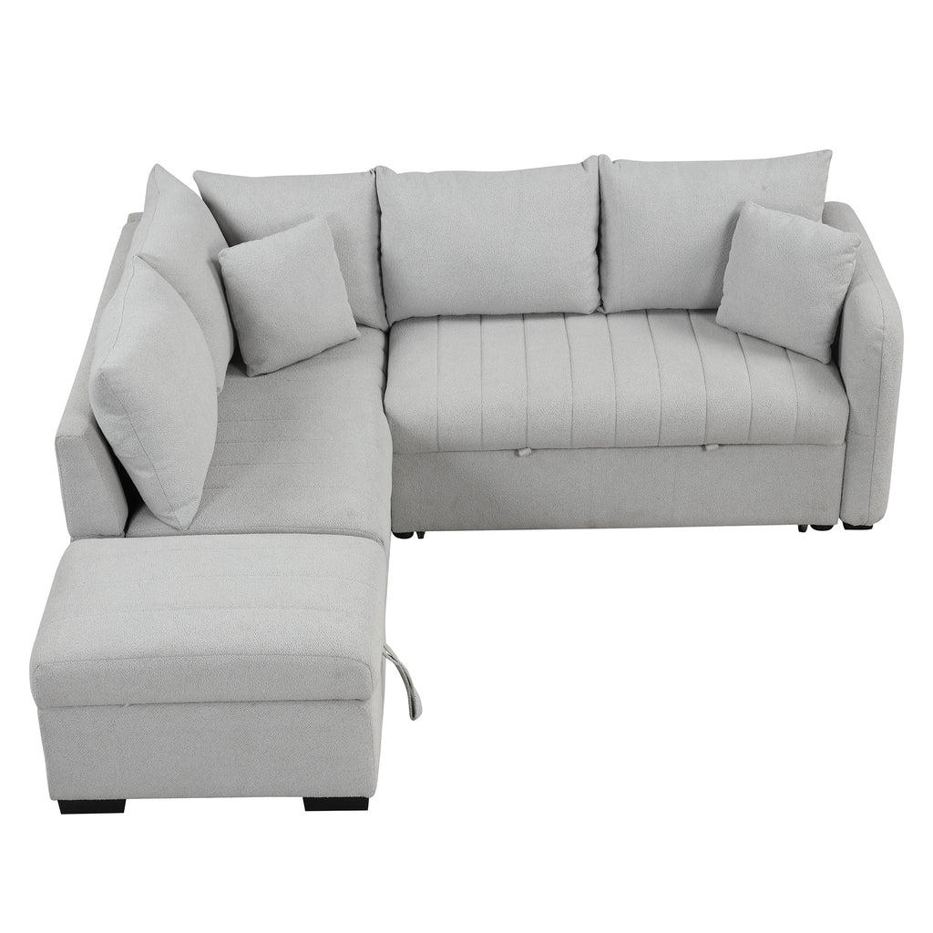 Modern L-shaped Sectional Pull Out Sofa Bed with USB Ports & Storage Ottoman, Gray Jacquard Fabric, 82.6' - Grand Goldman Shop