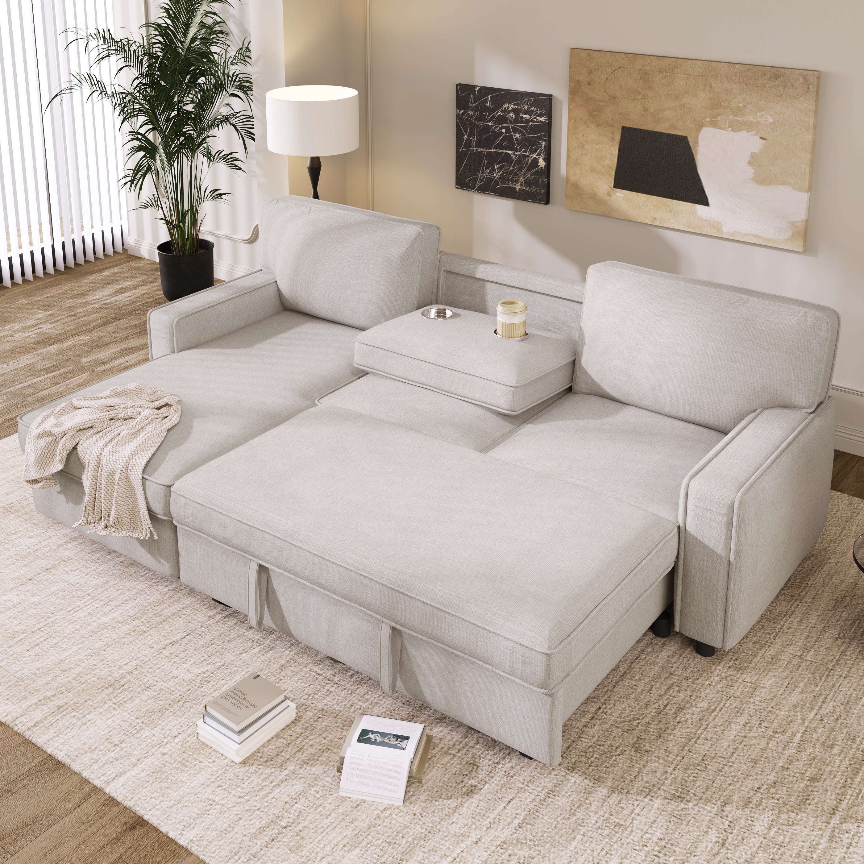 U_STYLE Upholstery Sleeper Sectional Sofa with Storage Space, USB port, 2 cup holders on Back Cushions(same sku; WY000335AAA) - Grand Goldman Shop