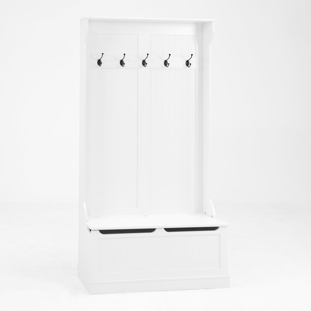 Entryway Bench with Standing Coat Rack, Hall Tree with Shoe Storage Bench, Entryway Organizer with 5 Hooks, White - Grand Goldman Shop