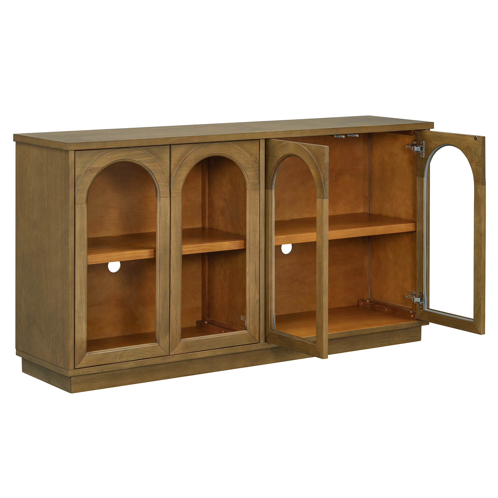 TREXM 4-Door Large Storage Buffet Cabinet with Glass Doors, Arched Cabinet with Adjustable Shelves for Kitchen, Dining Room and Living Room (Old Pine) - Grand Goldman Shop