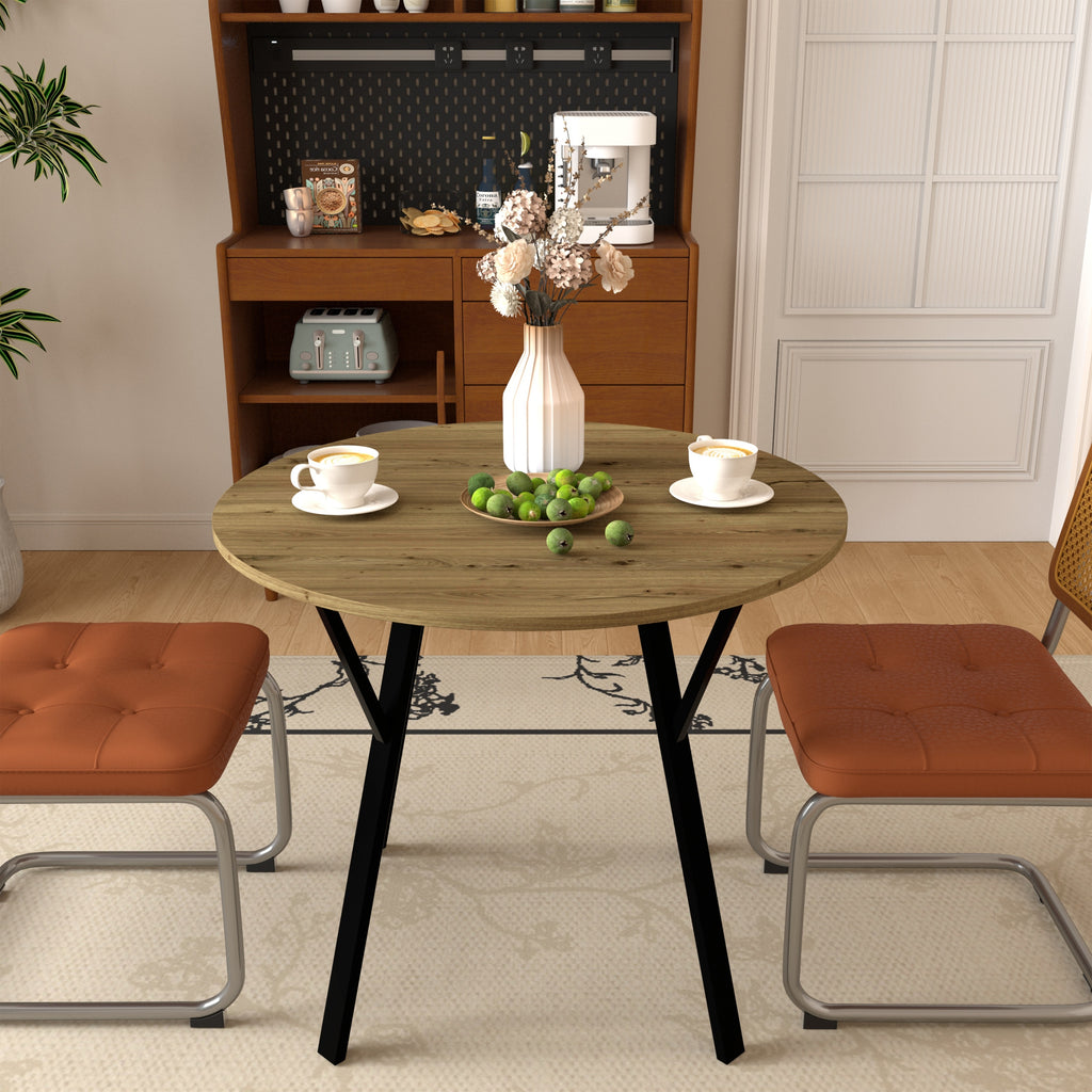 Modern Round Dining Table, Rustic Brown MDF Top with Black Metal Legs, 35.43 Inch Diameter for 2-4 People - Grand Goldman Shop