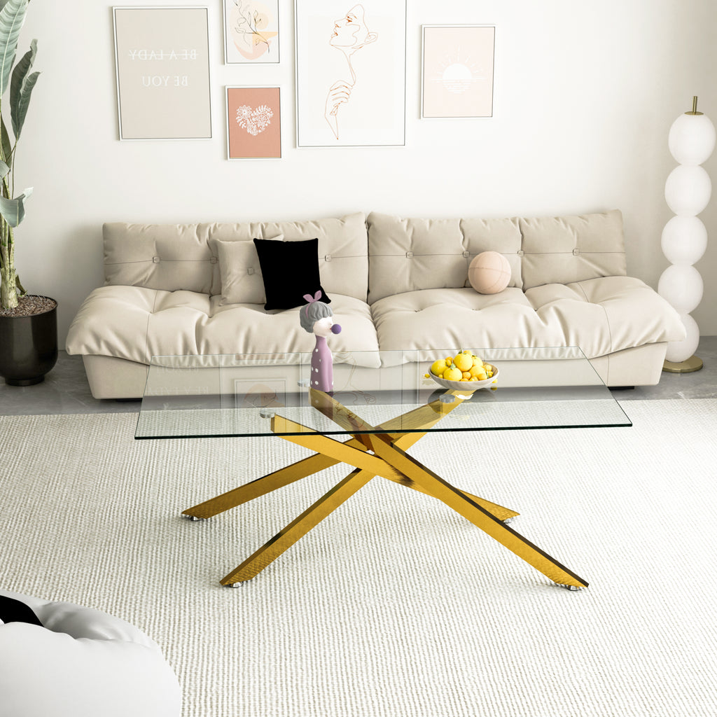 47.2' Rectangular Clear Tempered Glass Coffee Table,Stylish Design with Golden Metal Legs, Coffee Table for Living Room - Grand Goldman Shop