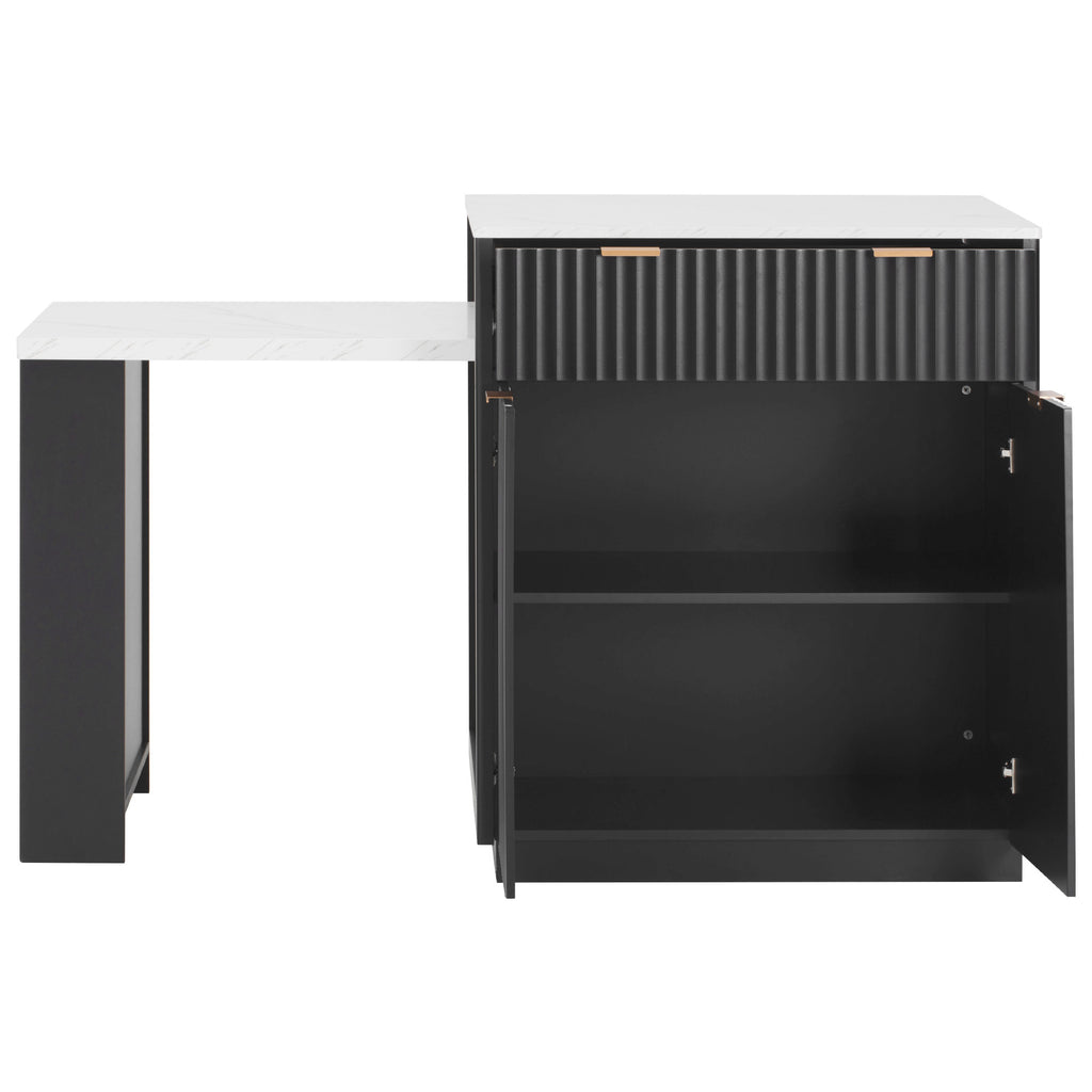 K&K 82.6' Fluted Kitchen Island with Extendable Dining Table for 4-6, Island Table for Kitchen with Power Outlet, Kitchen Table with Double-Side Storage, 2 Drawers 2 Side Open Shelves, Black - Grand Goldman Shop