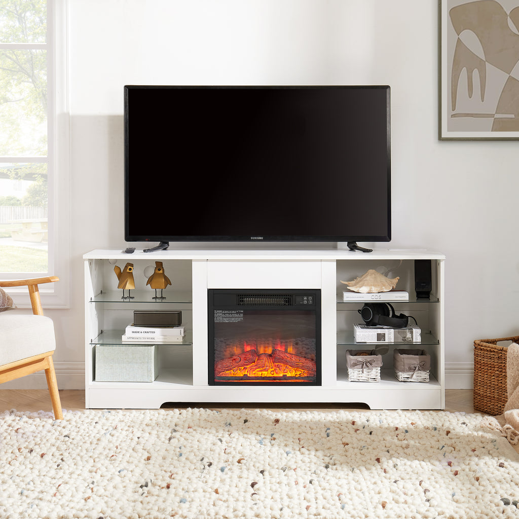 TV Stand Electric Fireplace TV Stand with Glass Shelves, 3D Fireplace TV Stand with LED Lights Wood with USB Charging Outlet Modern Television Table Center for TV up to 32-62' White 58''W*15.4''D*24.6 - Grand Goldman Shop