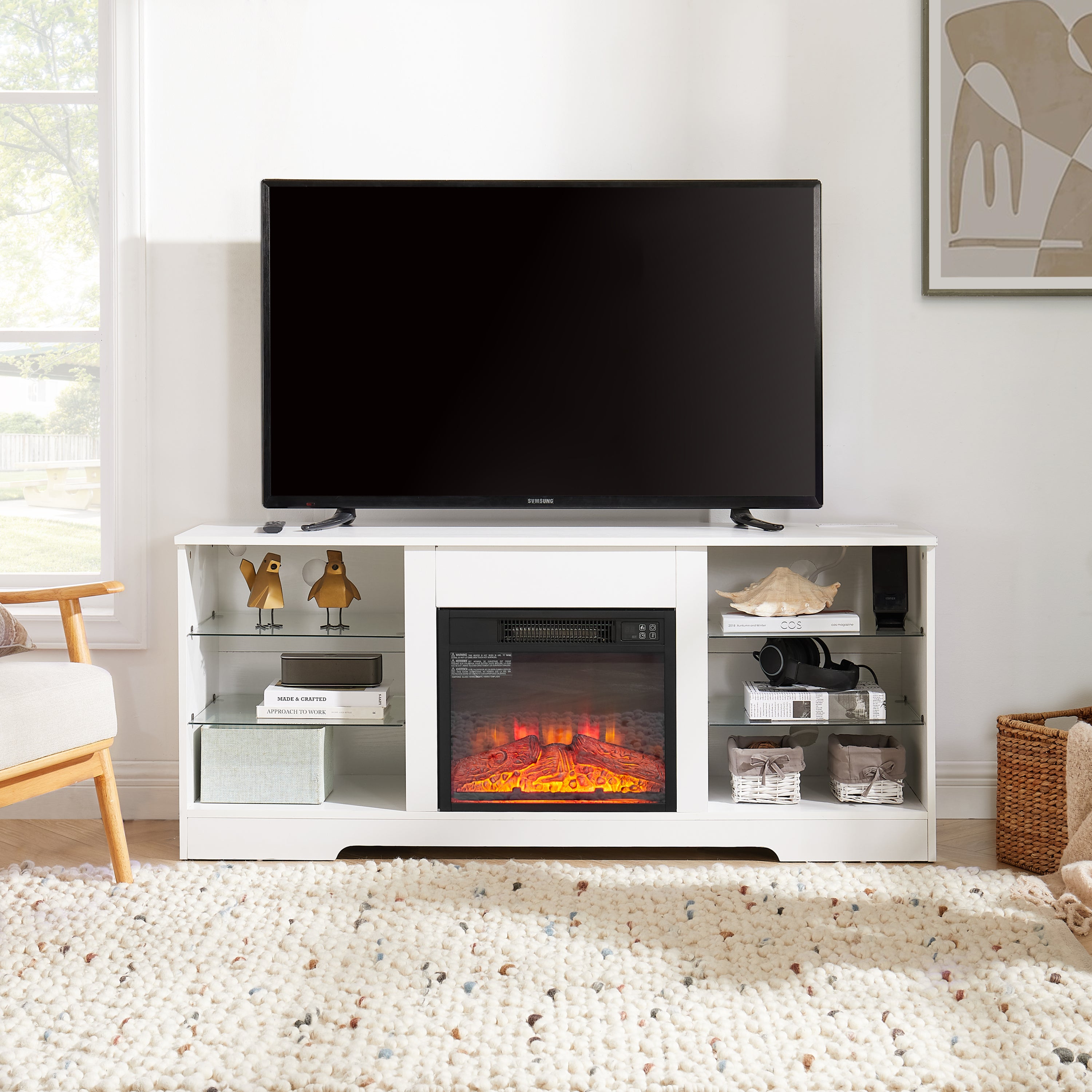 TV Stand Electric Fireplace TV Stand with Glass Shelves, 3D Fireplace TV Stand with LED Lights Wood with USB Charging Outlet Modern Television Table Center for TV up to 32-62' White 58''W*15.4''D*24.6 - Grand Goldman Shop