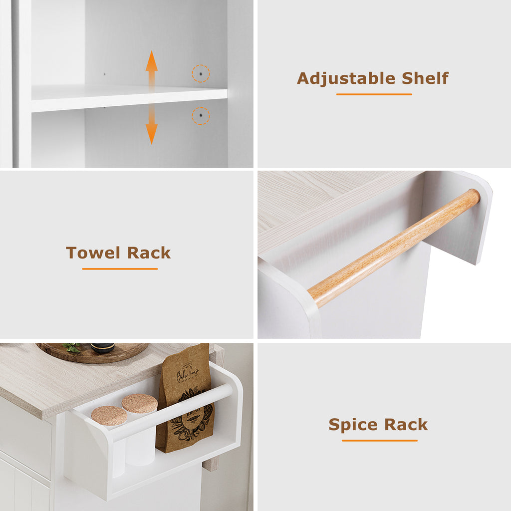 K&K Kitchen Island with Trash Can Storage Cabinet, Kitchen Cart with Drop Leaf, Spice Rack, Towel Rack and Drawer, Rolling Kitchen Island on Wheels with Adjustable Shelf, White - Grand Goldman Shop