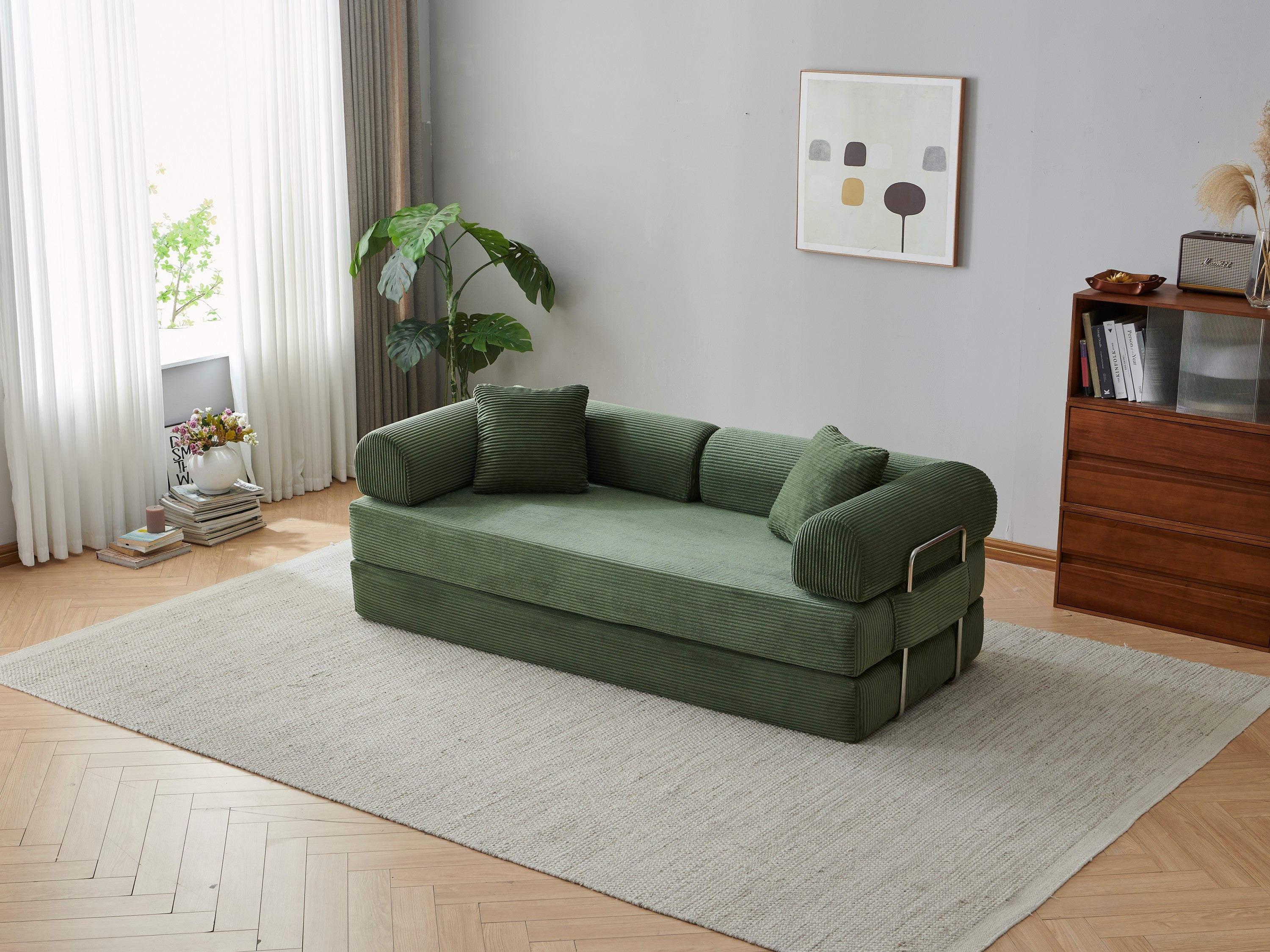 78.8' Compression Sofa,Convertible Floor Sofa Bed-with Pillow Back Support Armrest,Comfy Futon Couch Sleeper Bed,Loveseats Boneless Modular Sectional Sofa,Corduroy fabric,for Living Room,Bedroom,Green - Grand Goldman Shop