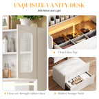 3-in-1 Vanity Table with LED Mirror & Storage Stool, Flip Top Makeup Dressing Table with Adjustable Lights, 5 Storage Spaces Cosmetic Organizer for Bedroom - Grand Goldman Shop