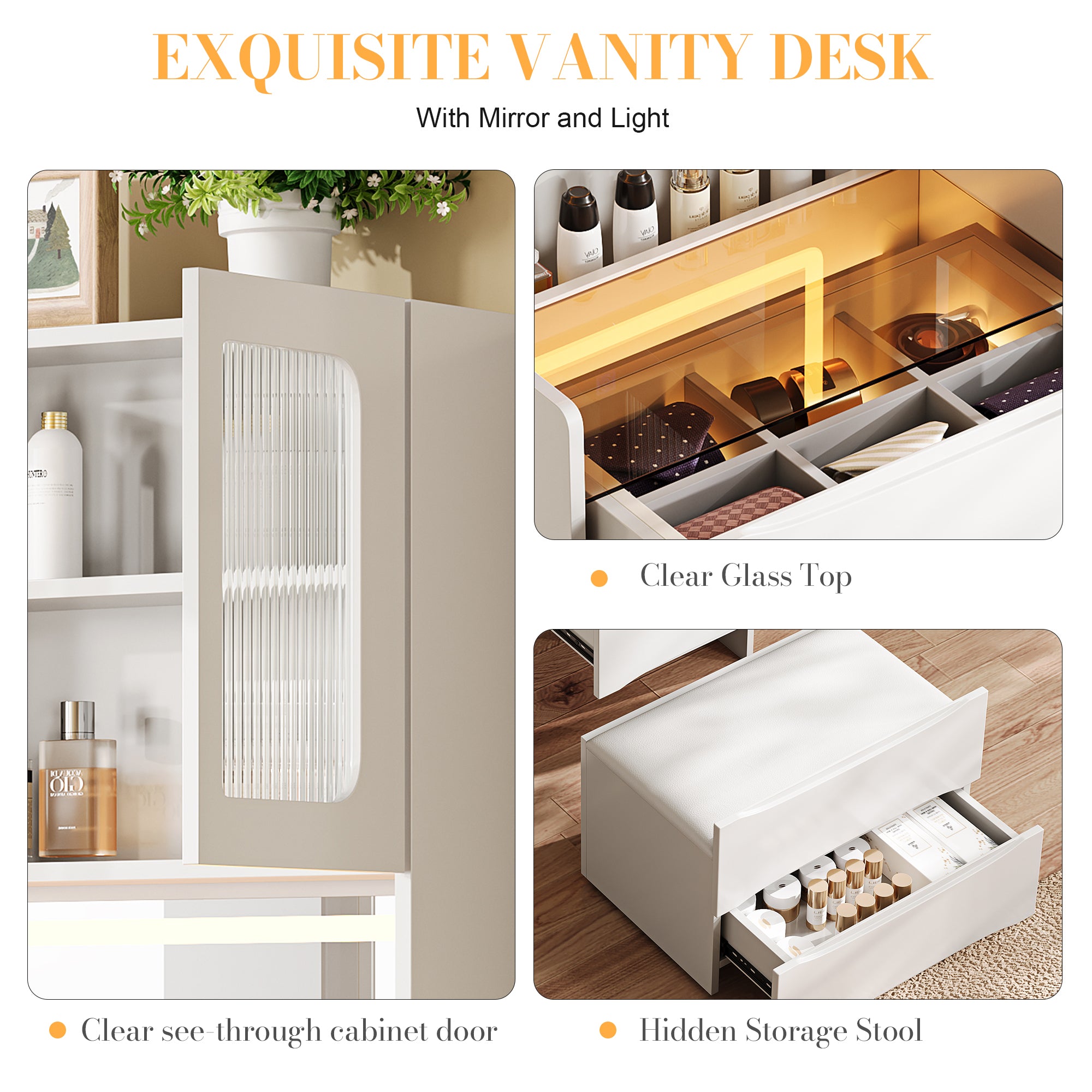 3-in-1 Vanity Table with LED Mirror & Storage Stool, Flip Top Makeup Dressing Table with Adjustable Lights, 5 Storage Spaces Cosmetic Organizer for Bedroom - Grand Goldman Shop