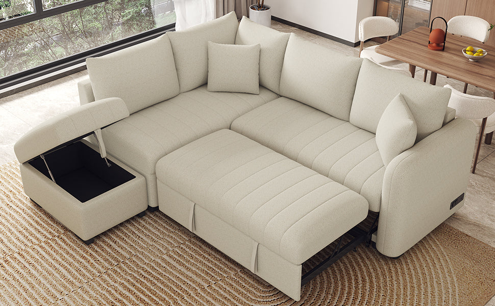 Modern L-shaped Sectional Pull Out Sofa Bed with USB Ports and Storage Ottoman, Beige, Jacquard Fabric, 82.6' - Grand Goldman Shop