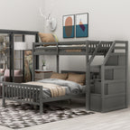 Gray Twin over Full Loft Bed with Staircase and Storage, Pine Wood and MDF, 97.2''L x 78.4''W x 61.4''H - Grand Goldman Shop