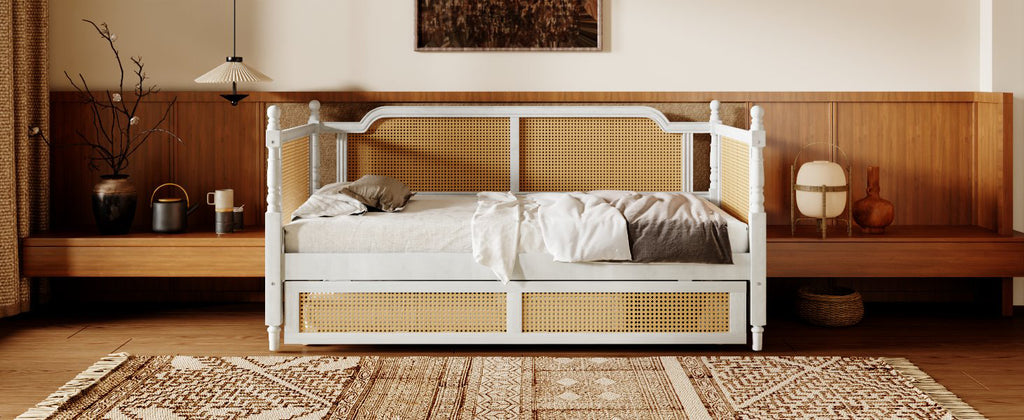 Traditional Style Rattan Twin Size Daybed with 2 Drawers, Antique White, Solid Pine Wood & MDF - Grand Goldman Shop