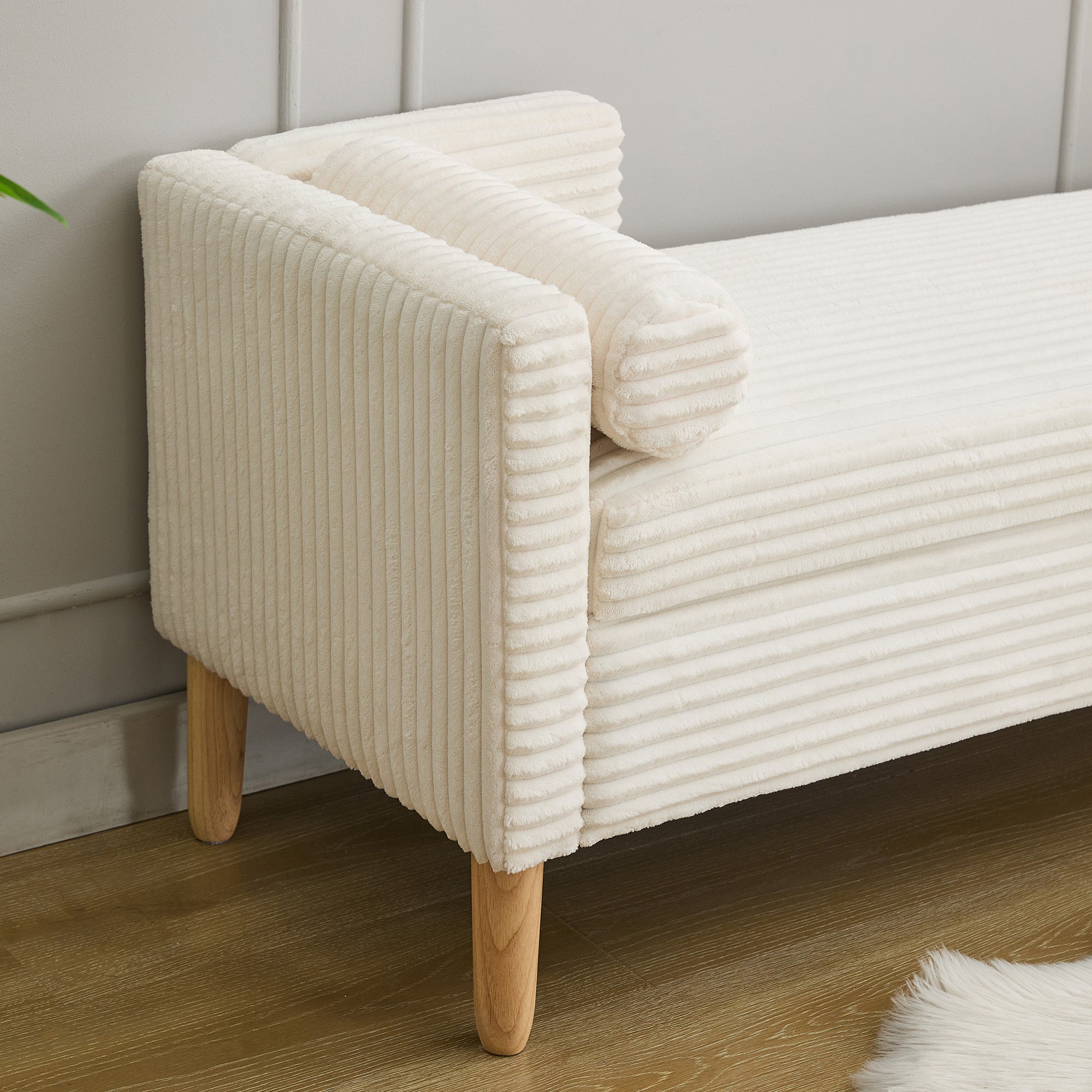 65.35'Wide Upholstered Flip-top Storage Accent Bed Bench, Corduroy Footrest Ottoman with Armrests&Backrest&2 Bolster Pillows Wood Legs for Living Room, End of Bed, Hallway, Entryway Bedroom. Ivory - Grand Goldman Shop