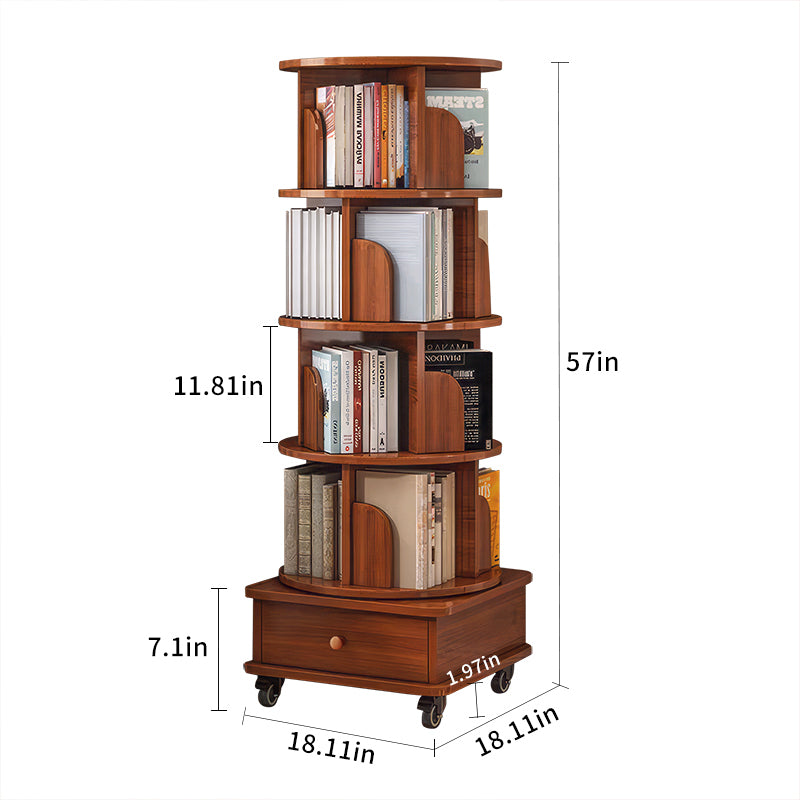 Rotating Bookshelf with Drawer, 360 Display 5 Tier Corner Bookshelf for Small Space, Floor Standing Bookcase Storage Rack, Wood Narrow Organizer for Bedroom, Living Room (WALNUT) - Grand Goldman Shop