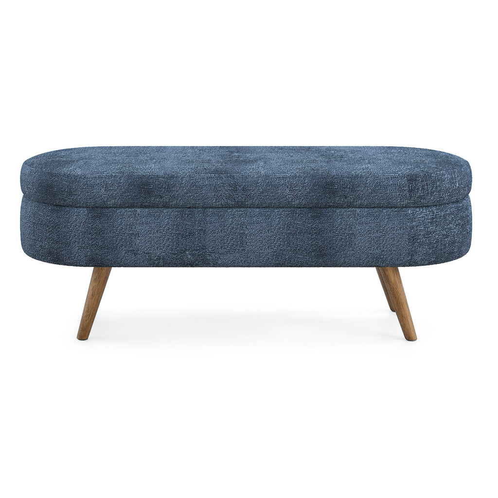 Modern Ottoman Oval Storage Bench with Rubber Wood Legs, Dark Blue Fabric, 43.5'x16'x16' - Grand Goldman Shop