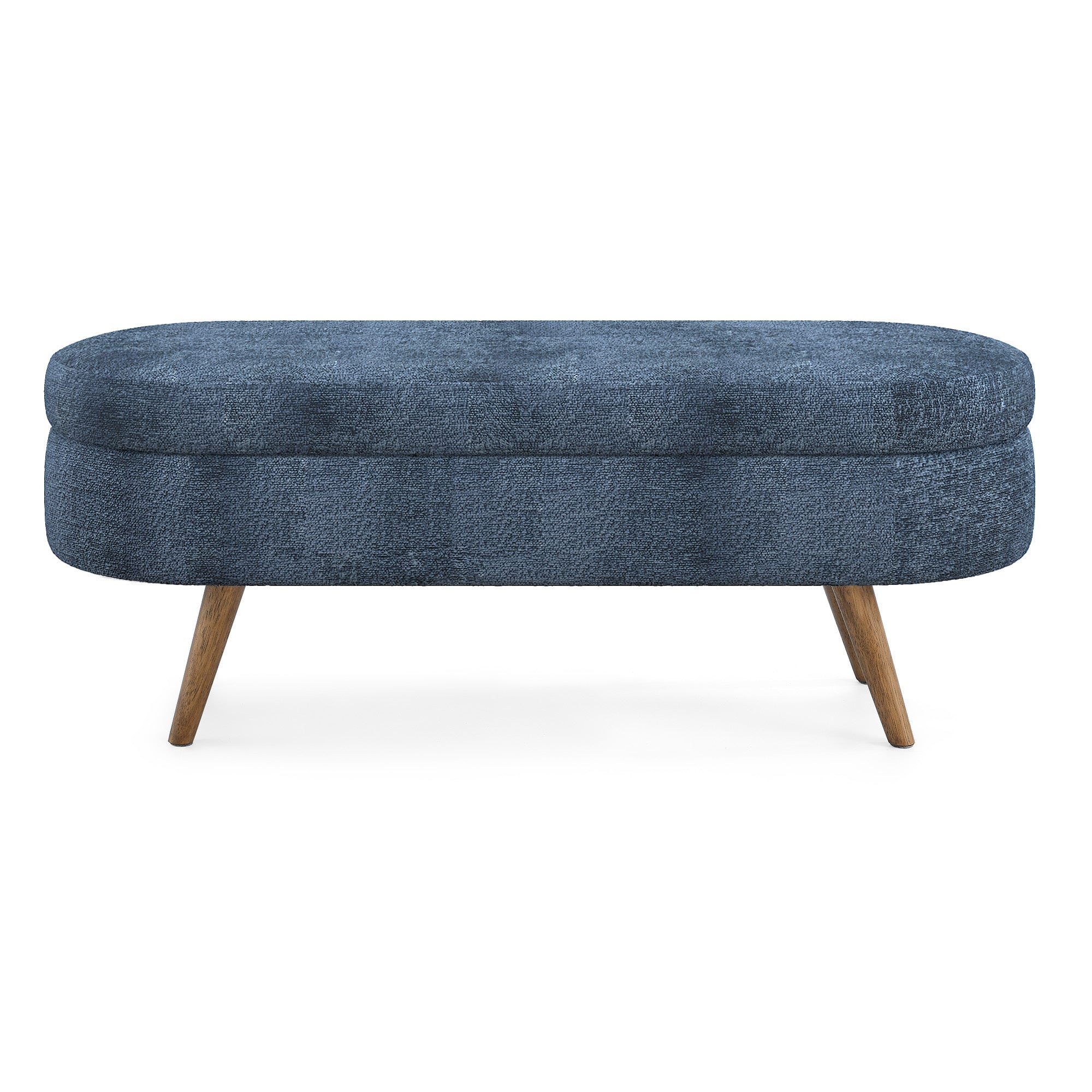 Modern Ottoman Oval Storage Bench with Rubber Wood Legs, Dark Blue Fabric, 43.5'x16'x16' - Grand Goldman Shop