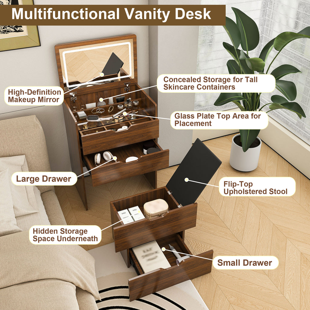 3-in-1 Vanity Desk with Lighted Mirror & Stool, Flip Top Makeup Dressing Table in Walnut Finish, Compact Storage for Bedroom, Bathroom, Dressing Room, 23.62'L - Grand Goldman Shop