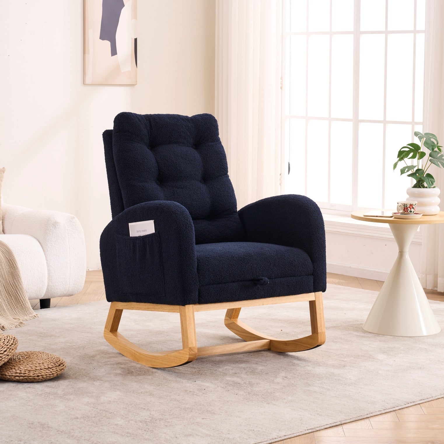 LY-5104 Accent Rocking Chair with Footrest & Storage Pocket, Deep Navy Blue High-Back Rocker, Rubber Wood Lounge Chair for Nursery Living Room, 38.36'W x 26.77'D x 39.76'H - Grand Goldman Shop