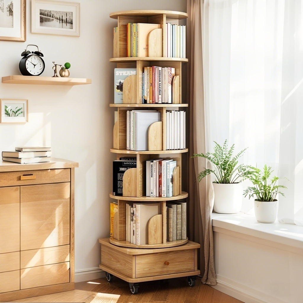 6 Tier Rotating Bookshelf, 360° Display Round Spinning Bookshelf with Wheels and Drawer, Space-Saving, Small Space Rotating Bookshelf Tower for Bedroom, Living Room, Home, Office, Wood Color - Grand Goldman Shop