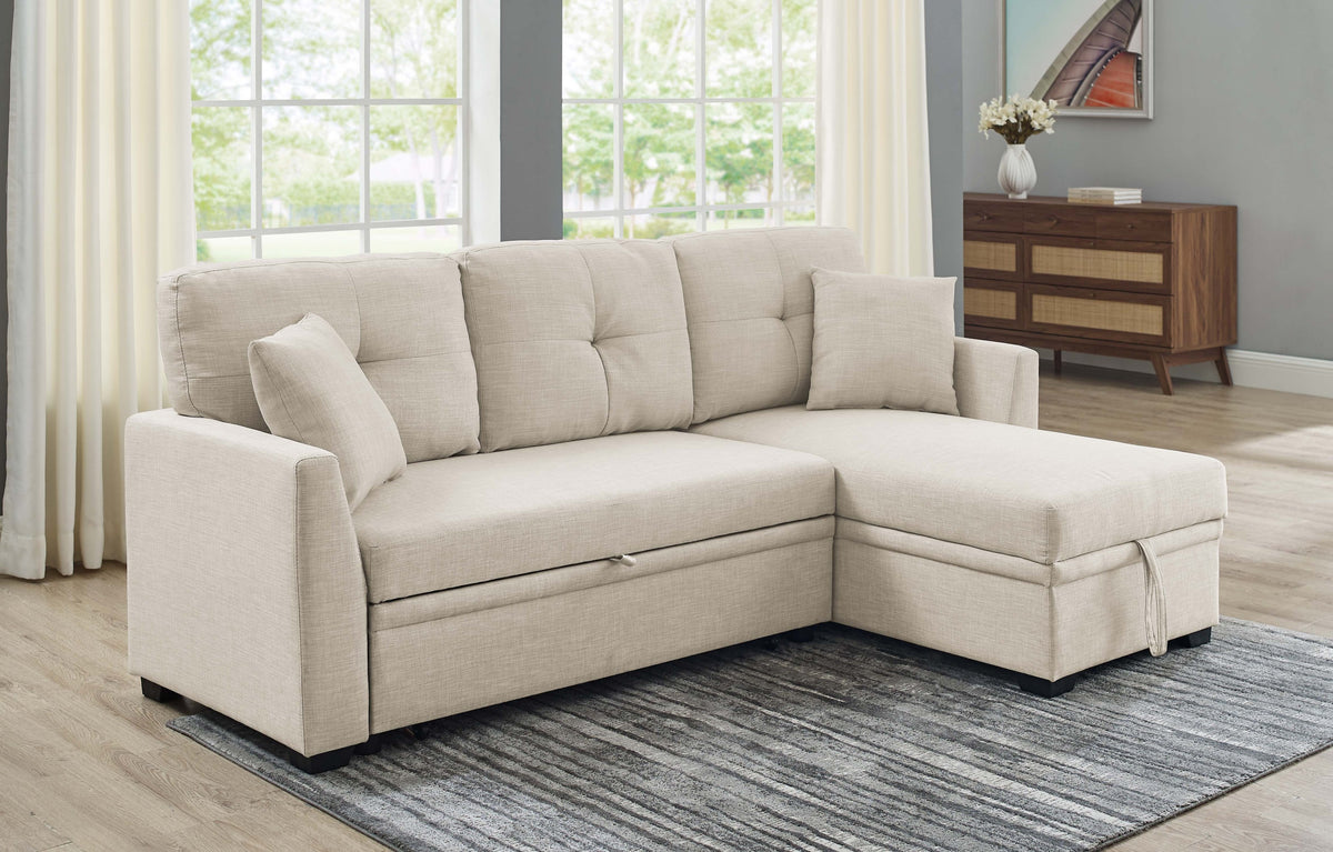 76.5' Linen Blend Upholstered Sectional with Pull-Out Bed and Chaise Storage - Grand Goldman Shop