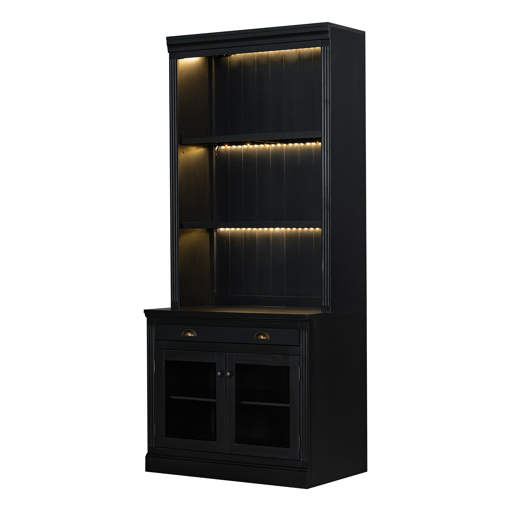 83.4'Tall Bookshelf Suite with LED Lighting, Modern Bookcases with Glass Doors and Drawers,2-Piece Set Storage Bookcase Suite