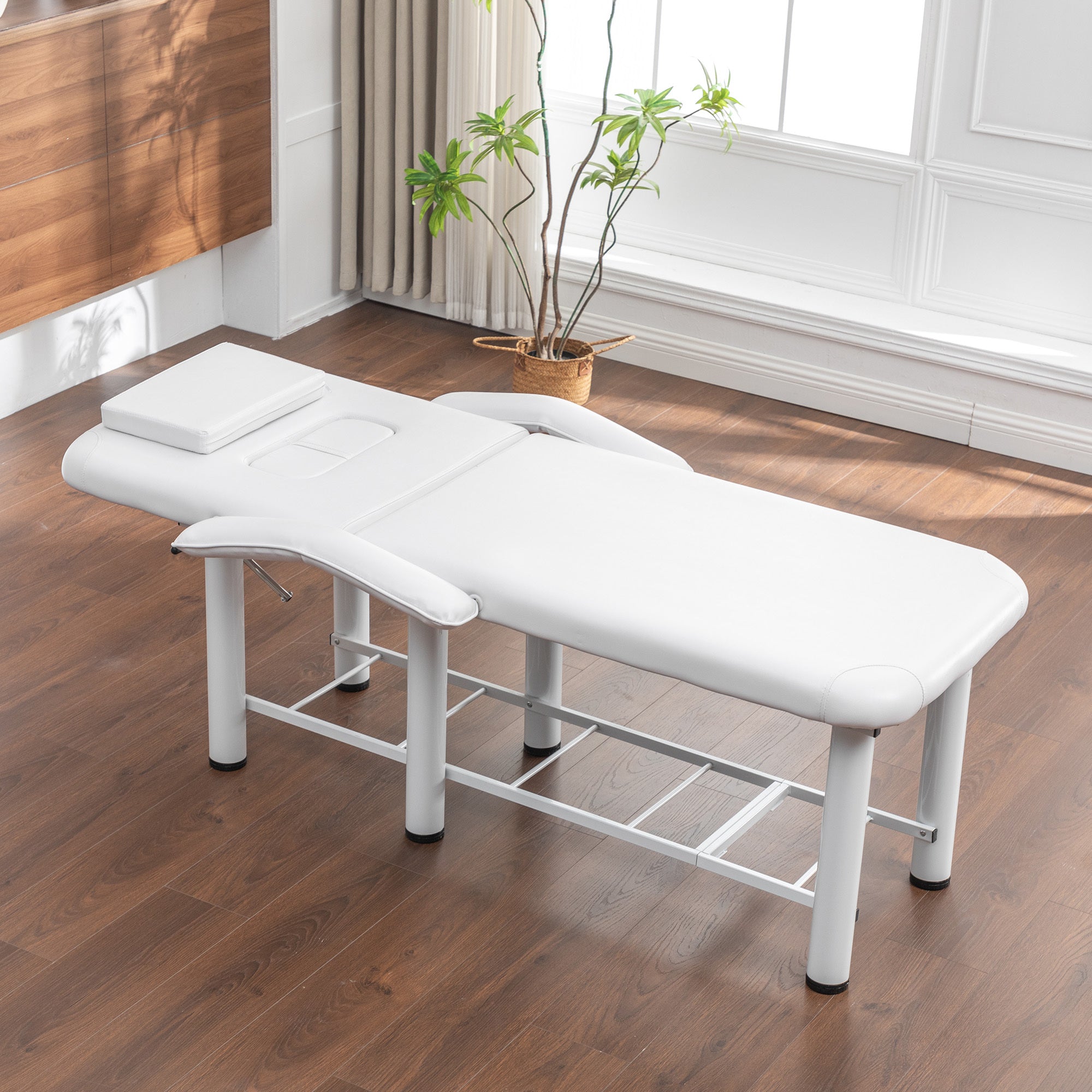 Professional Beauty Bed with Removable Headrest & Breast Cushions, Armrests and Storage Shelf for Full Body Massage, Facial, 